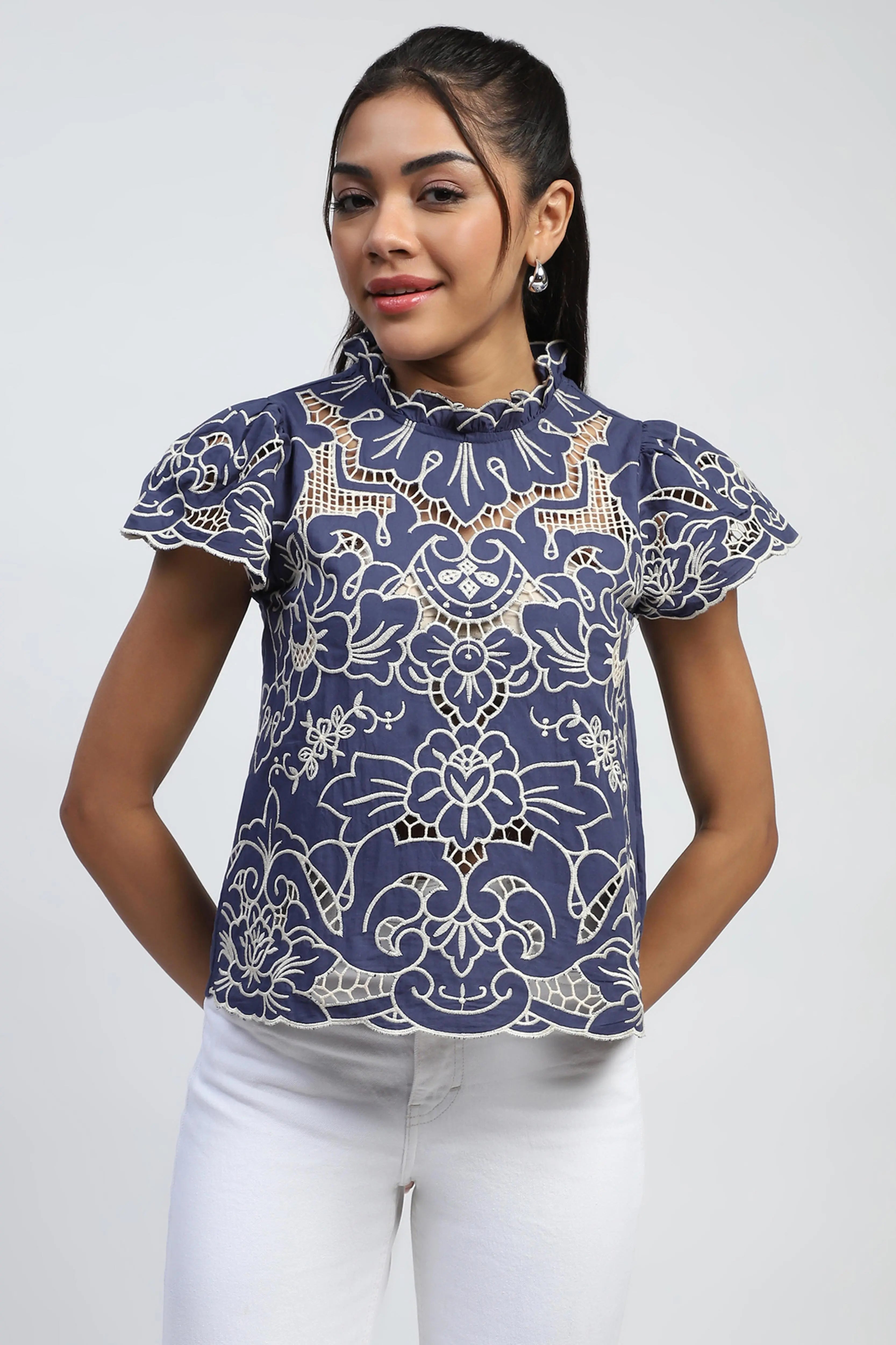 Navy Cut Work Embroidered Cotton Top - Global Republic