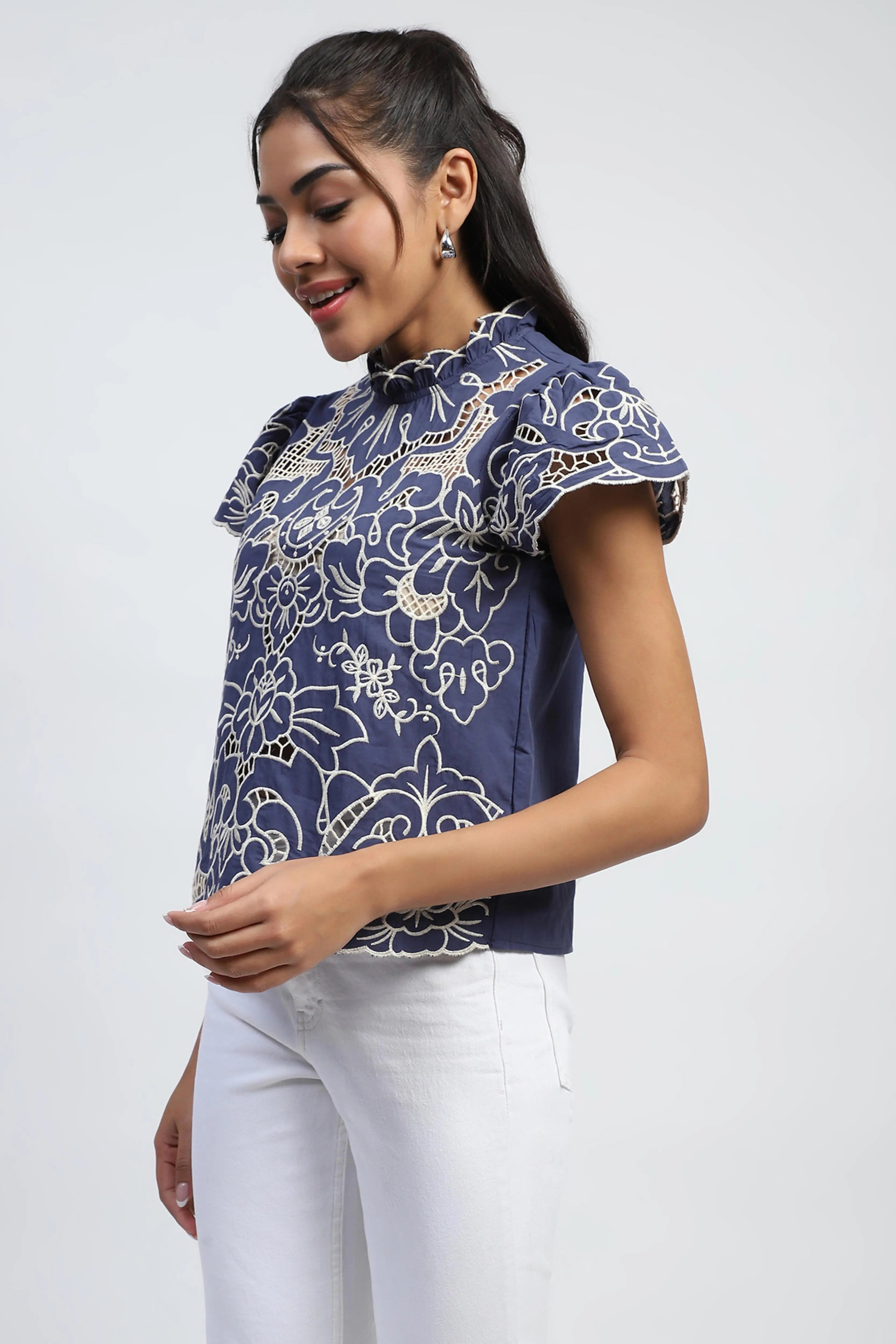 Navy Cut Work Embroidered Cotton Top - Global Republic