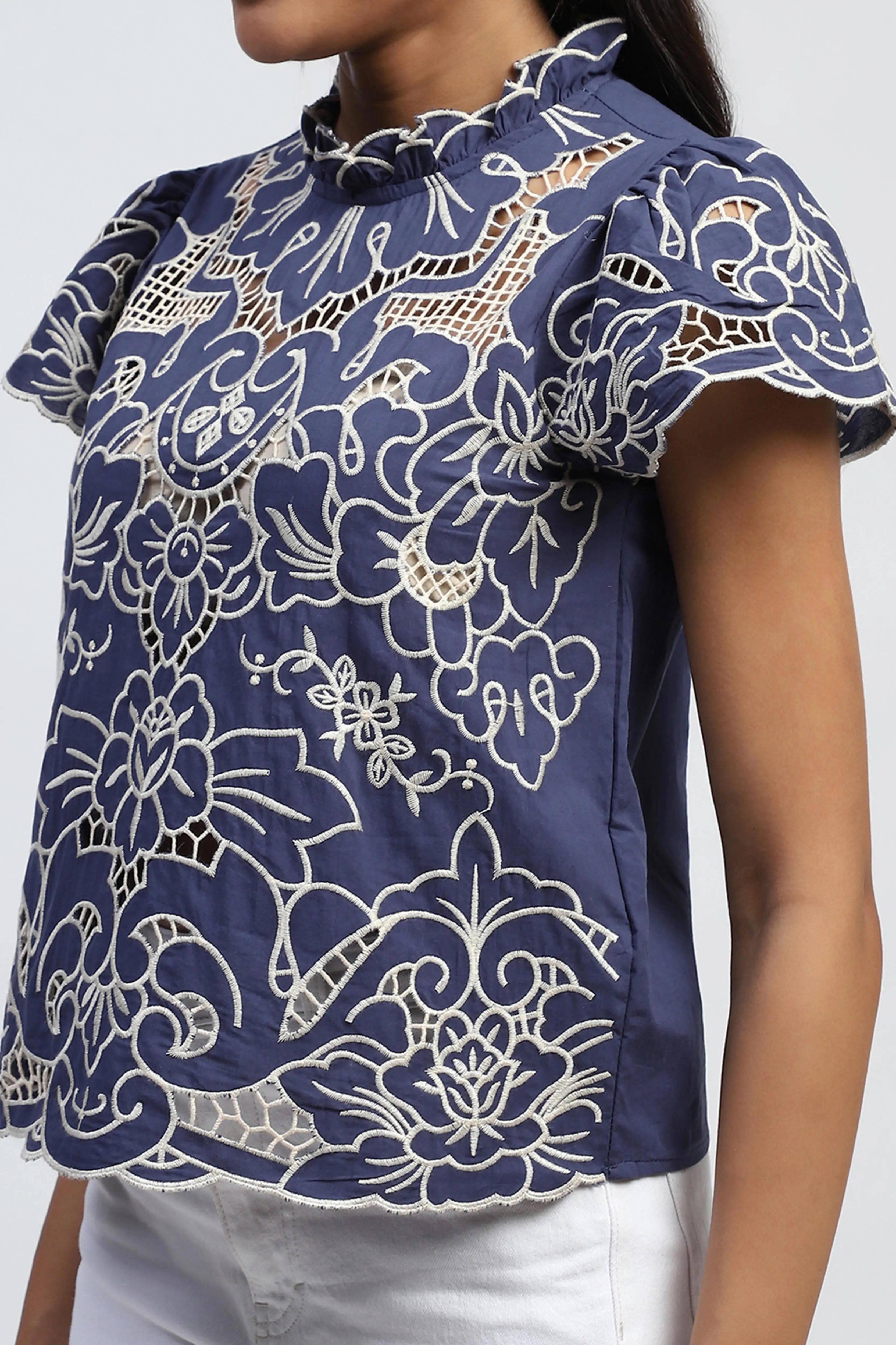 Navy Cut Work Embroidered Cotton Top - Global Republic
