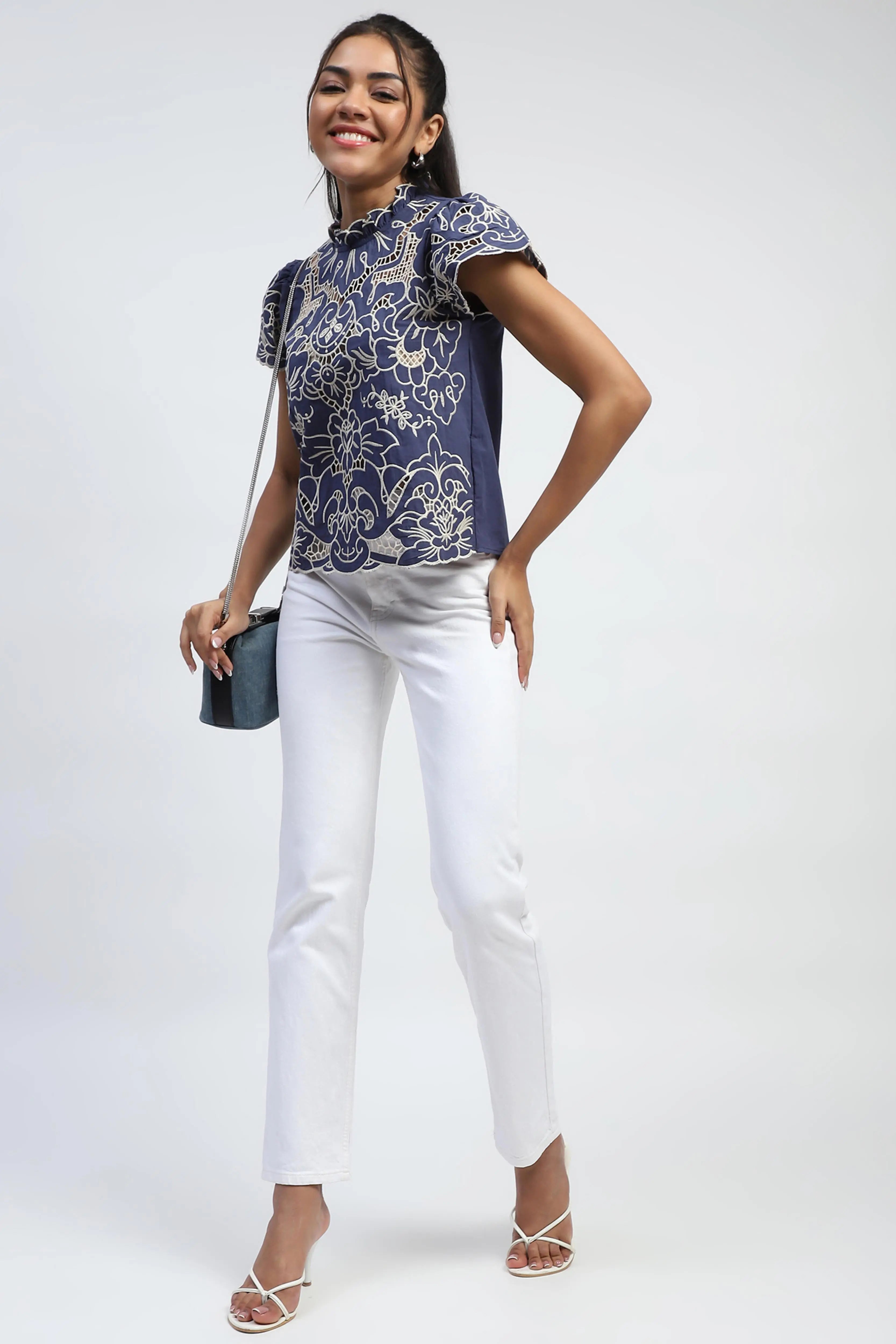 Navy Cut Work Embroidered Cotton Top - Global Republic