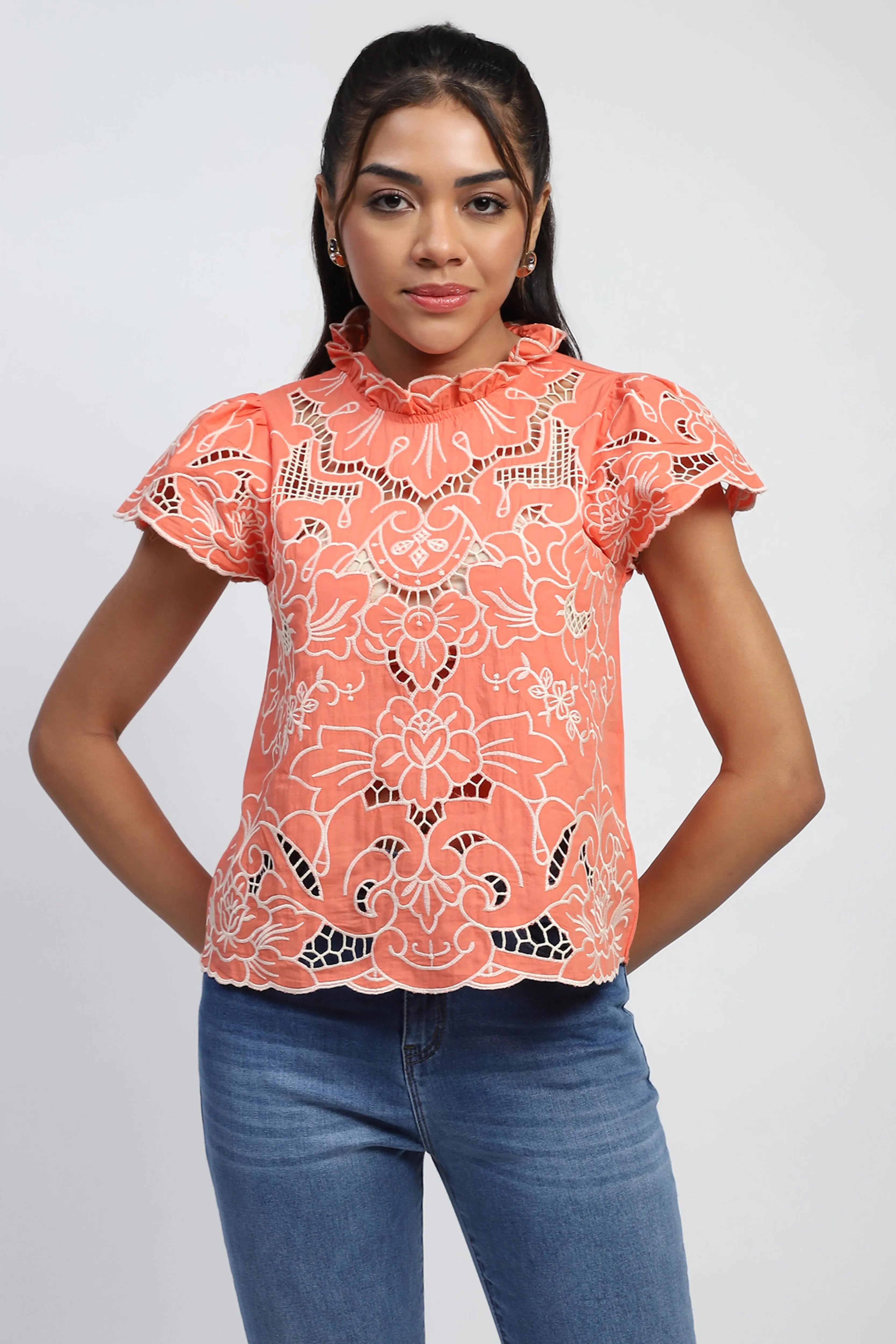 Peach Cut Work Embroidered Top - Global Republic