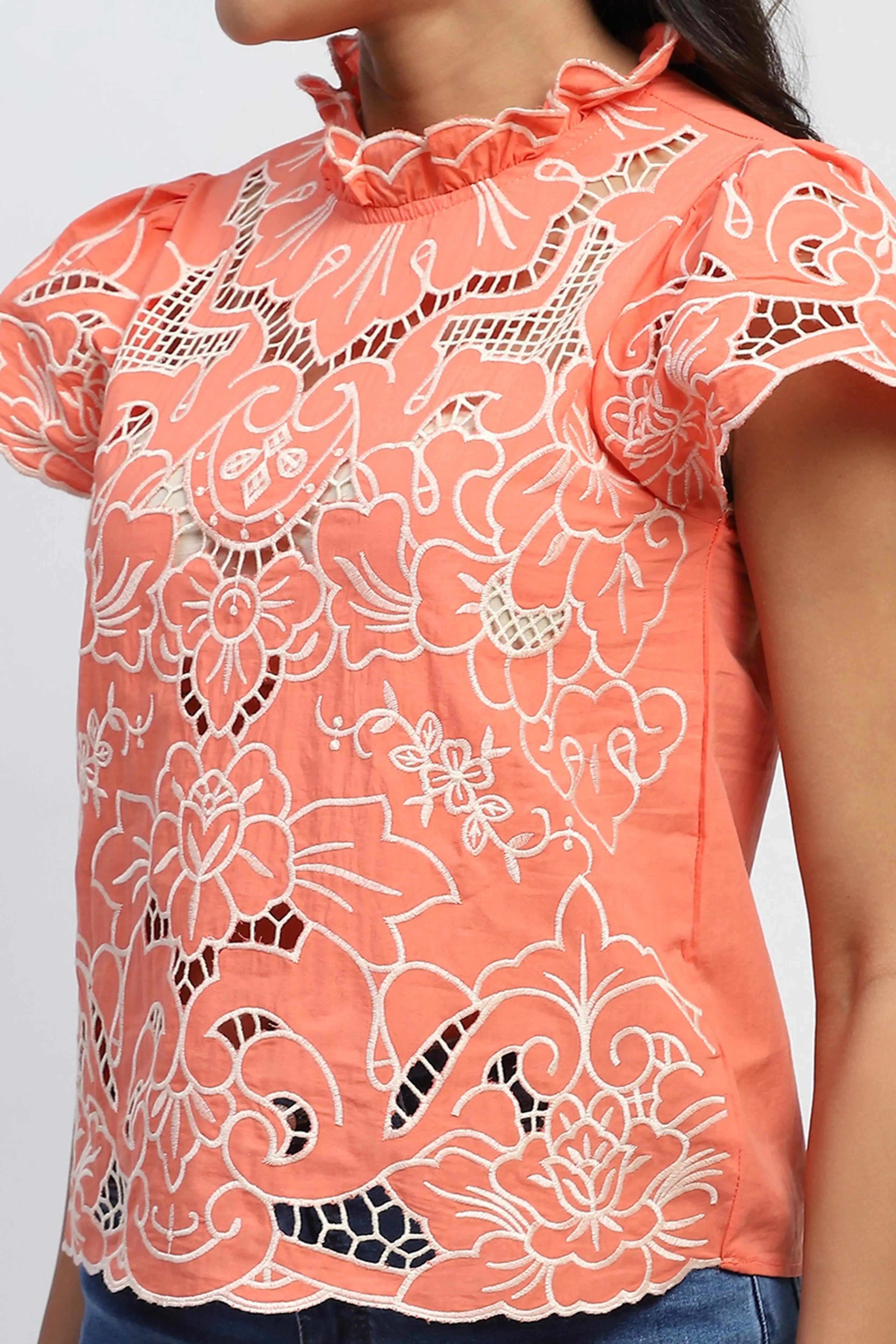 Peach Cut Work Embroidered Top - Global Republic
