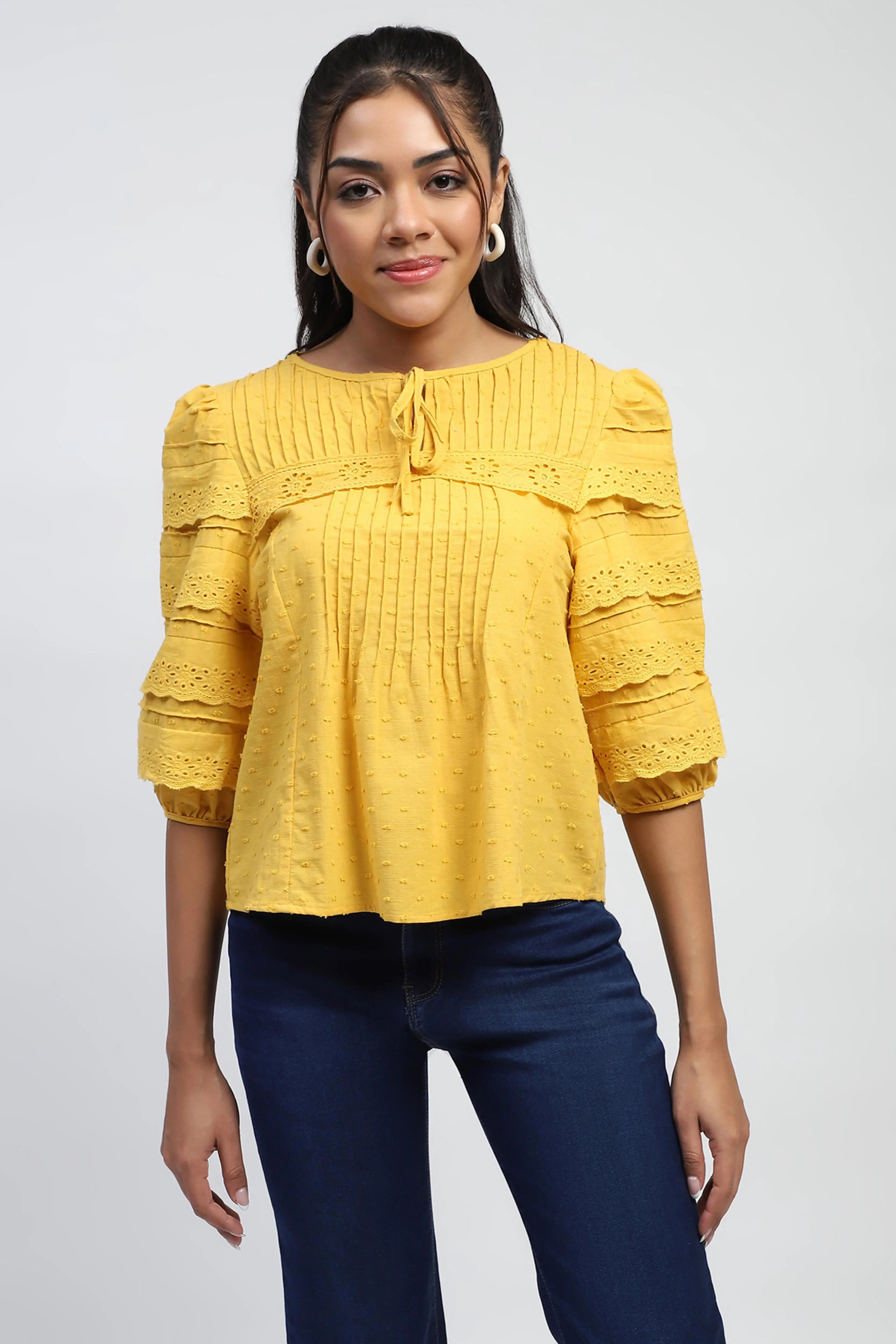 Mustard Dobby  Cotton Regular Fit Blouse - Global Republic