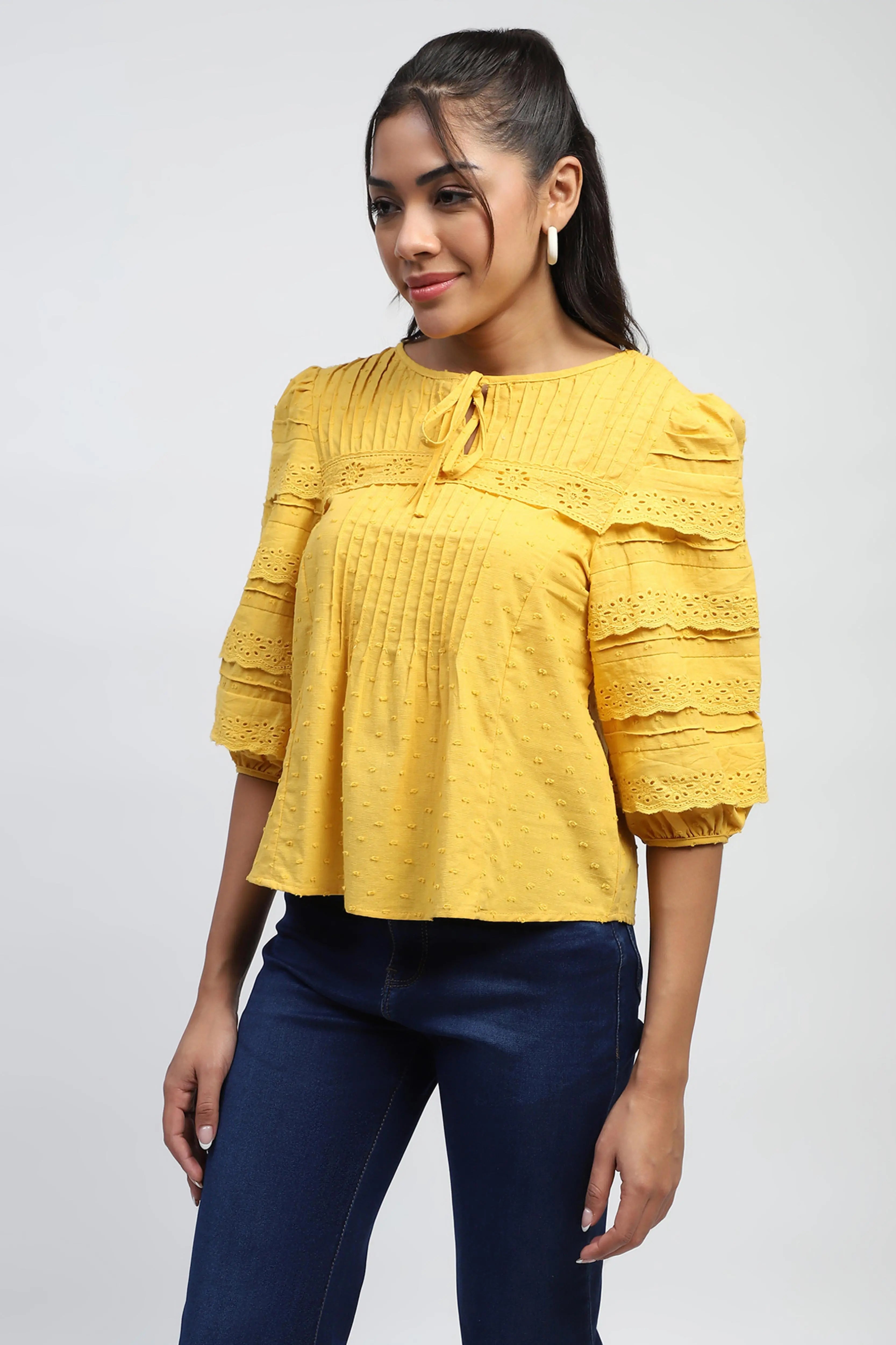 Mustard Dobby  Cotton Regular Fit Blouse - Global Republic