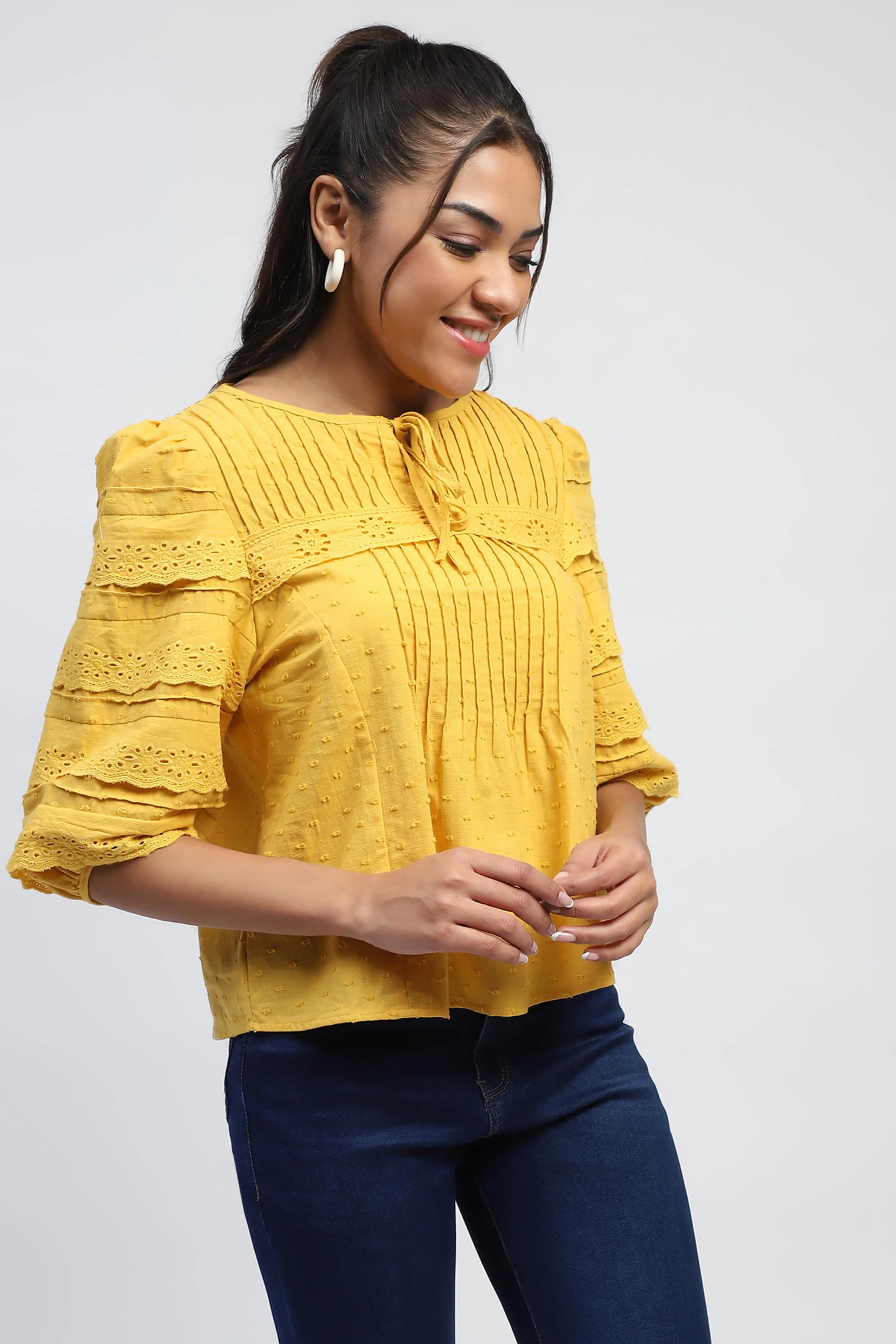 Mustard Dobby  Cotton Regular Fit Blouse - Global Republic