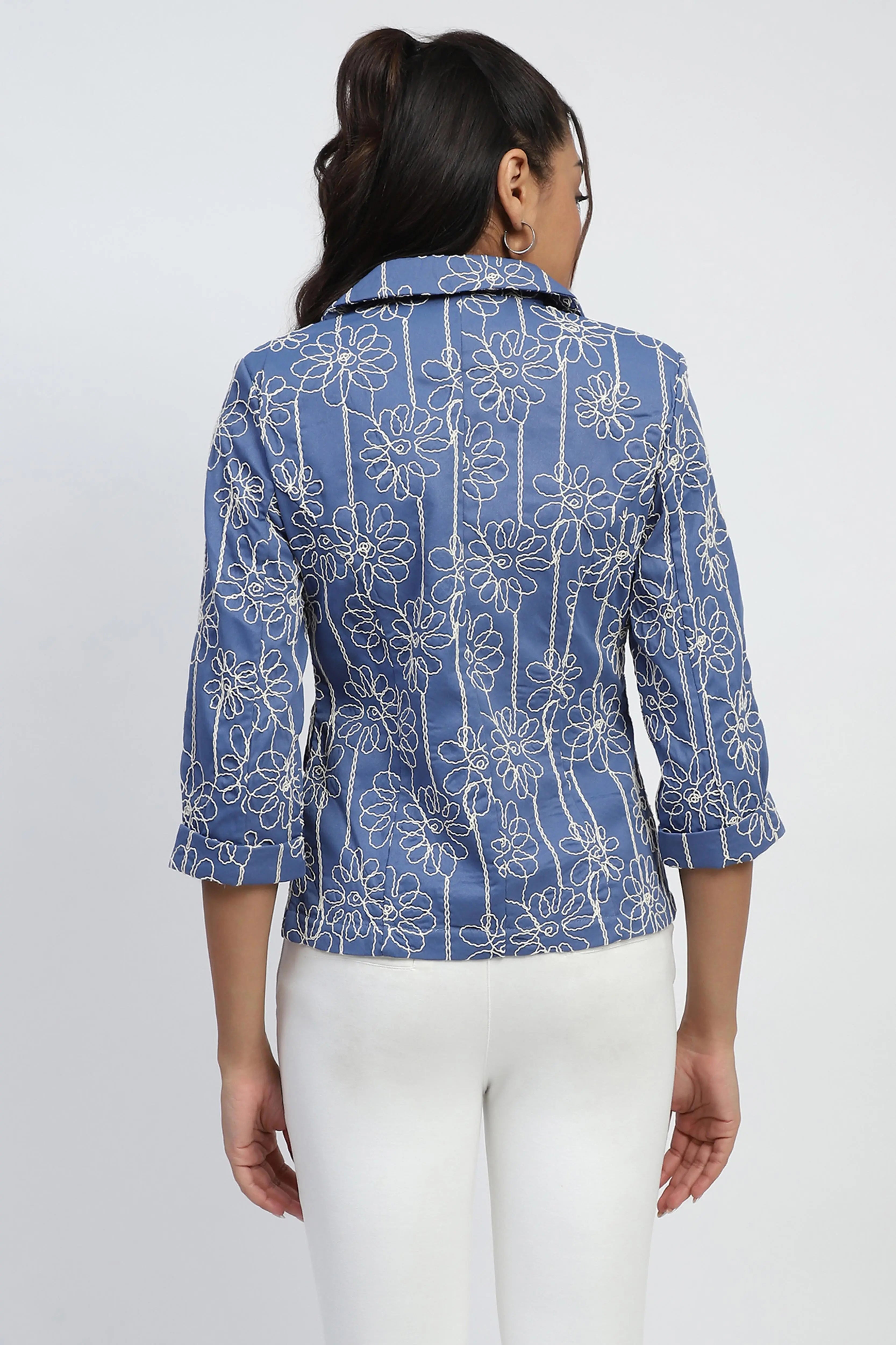 Blue Embroidered Cotton Coat - Global Republic