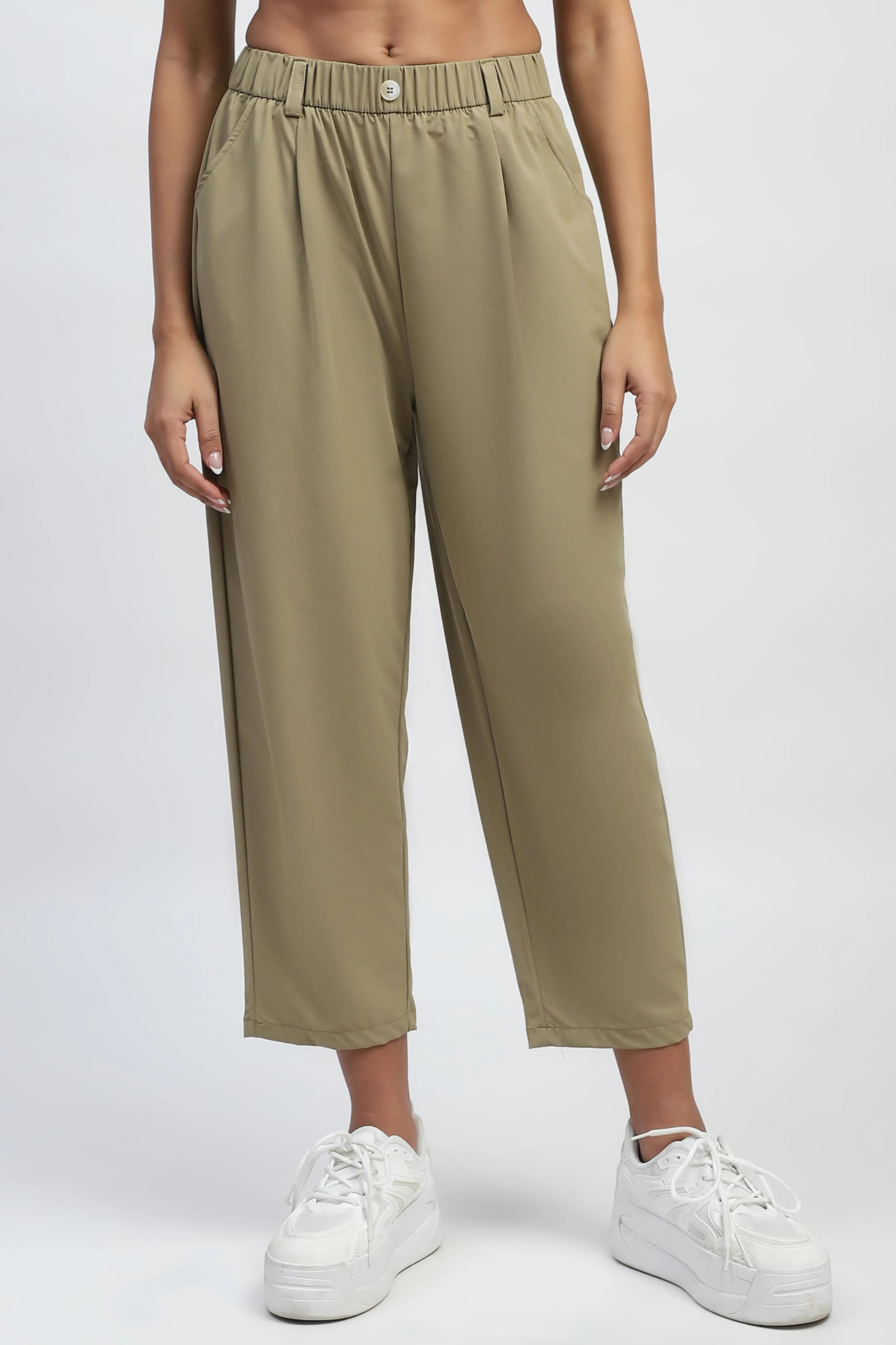 Khaki Solid Nylon Relaxed Fit Lower - Global Republic