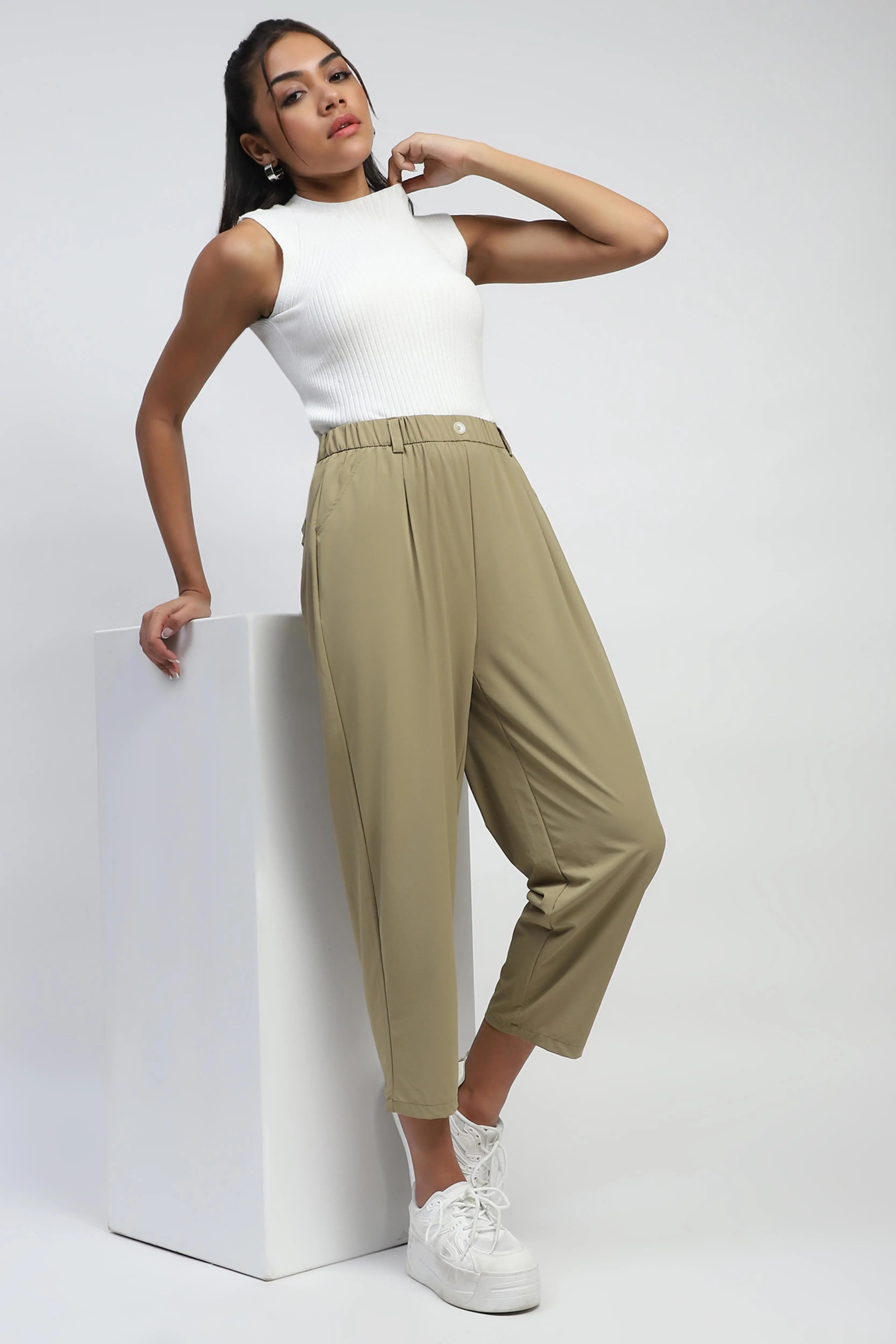 Khaki Solid Nylon Relaxed Fit Lower - Global Republic