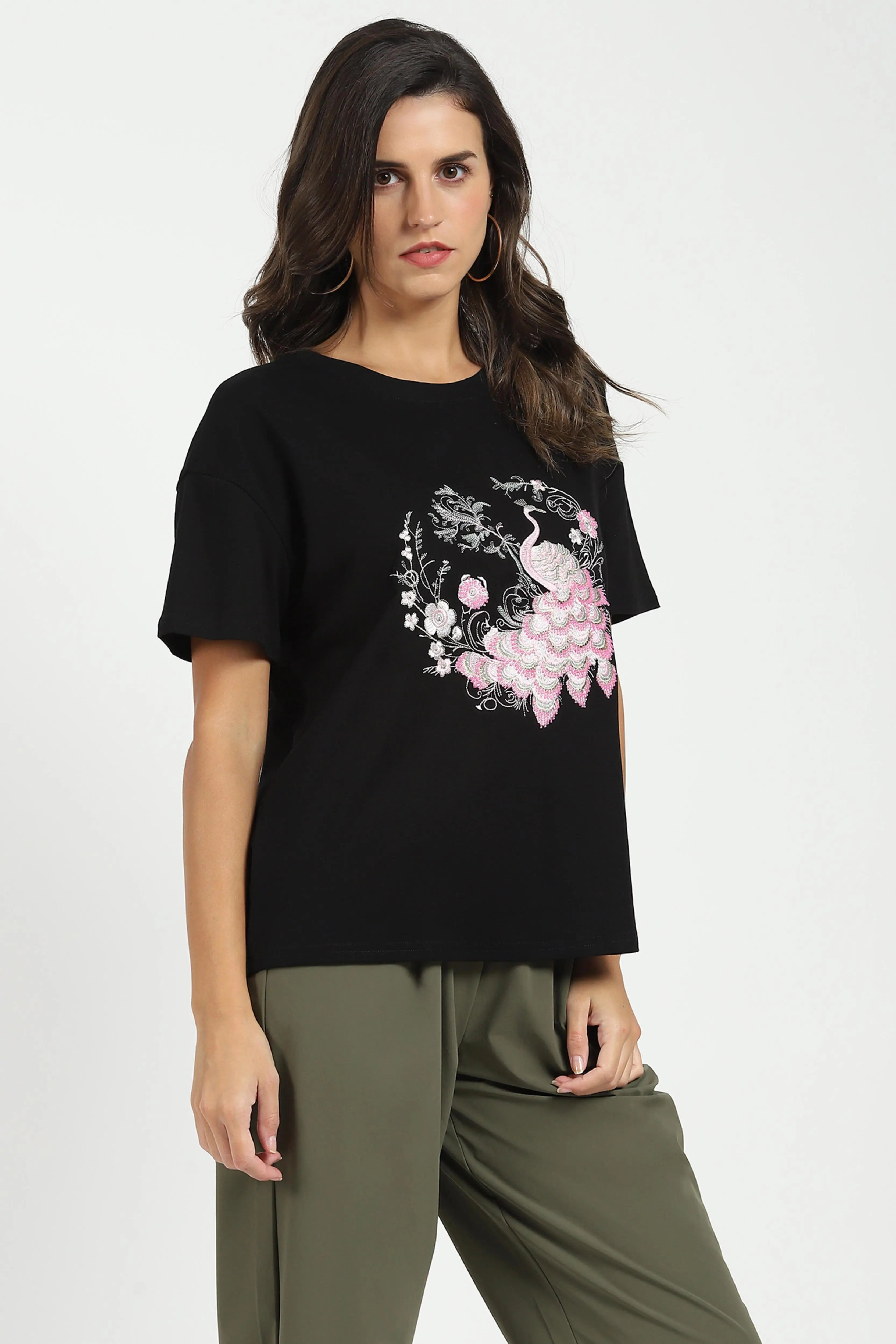 Black Embroidered Loose Fit Top - Global Republic