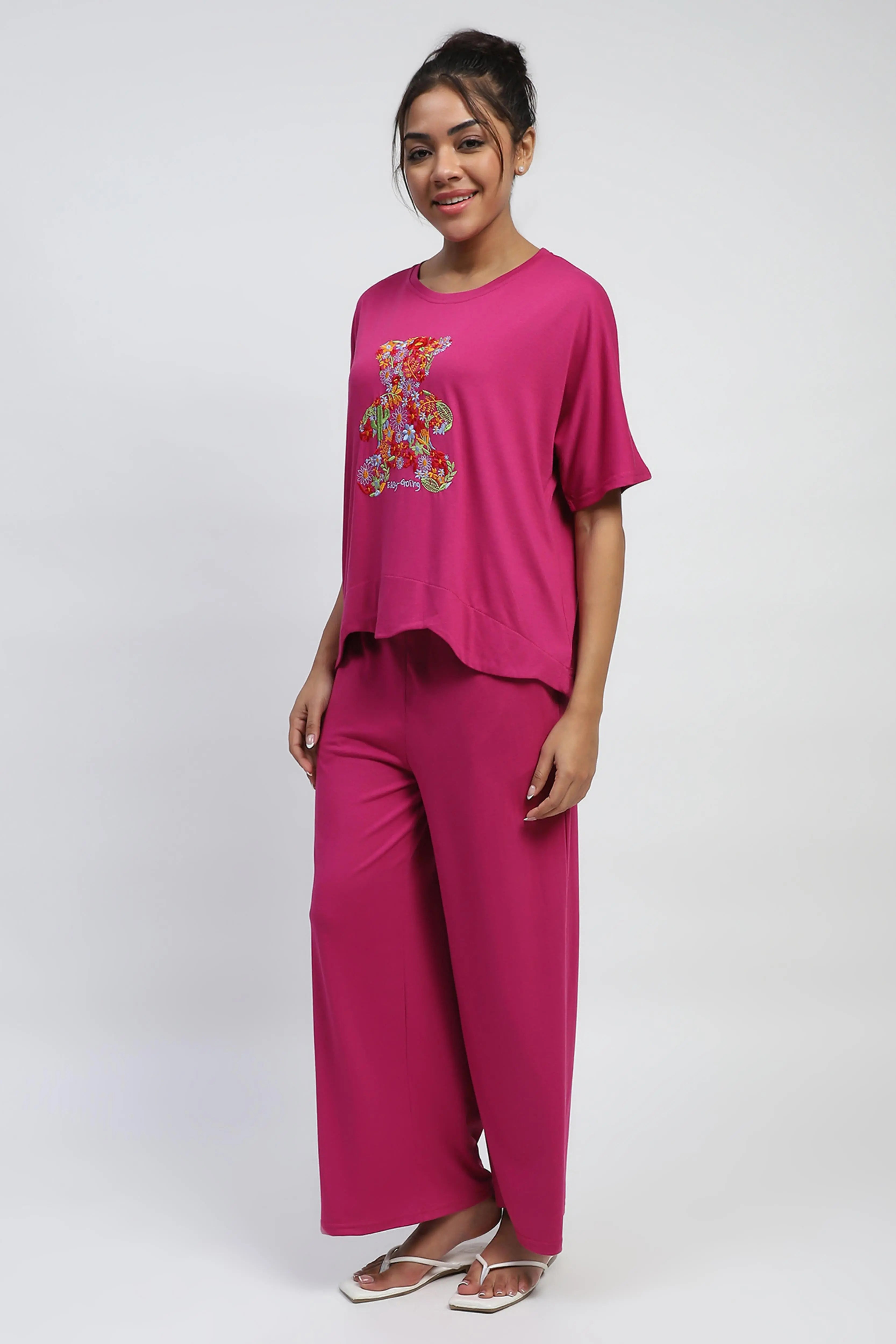 Pink Embroidered Solid Loungewear - Global Republic