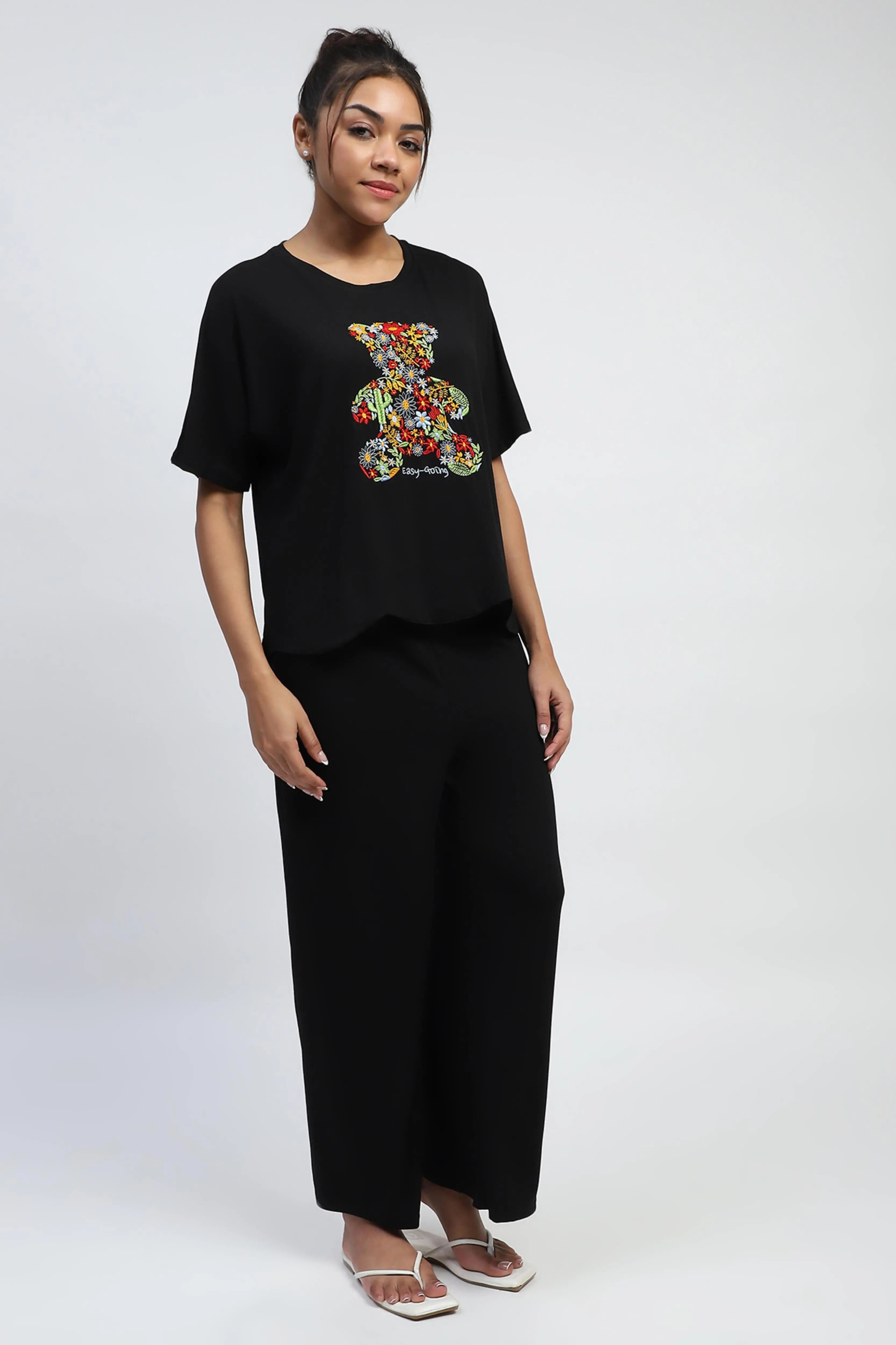 Black Embroidered Rayon Loungewear - Global Republic