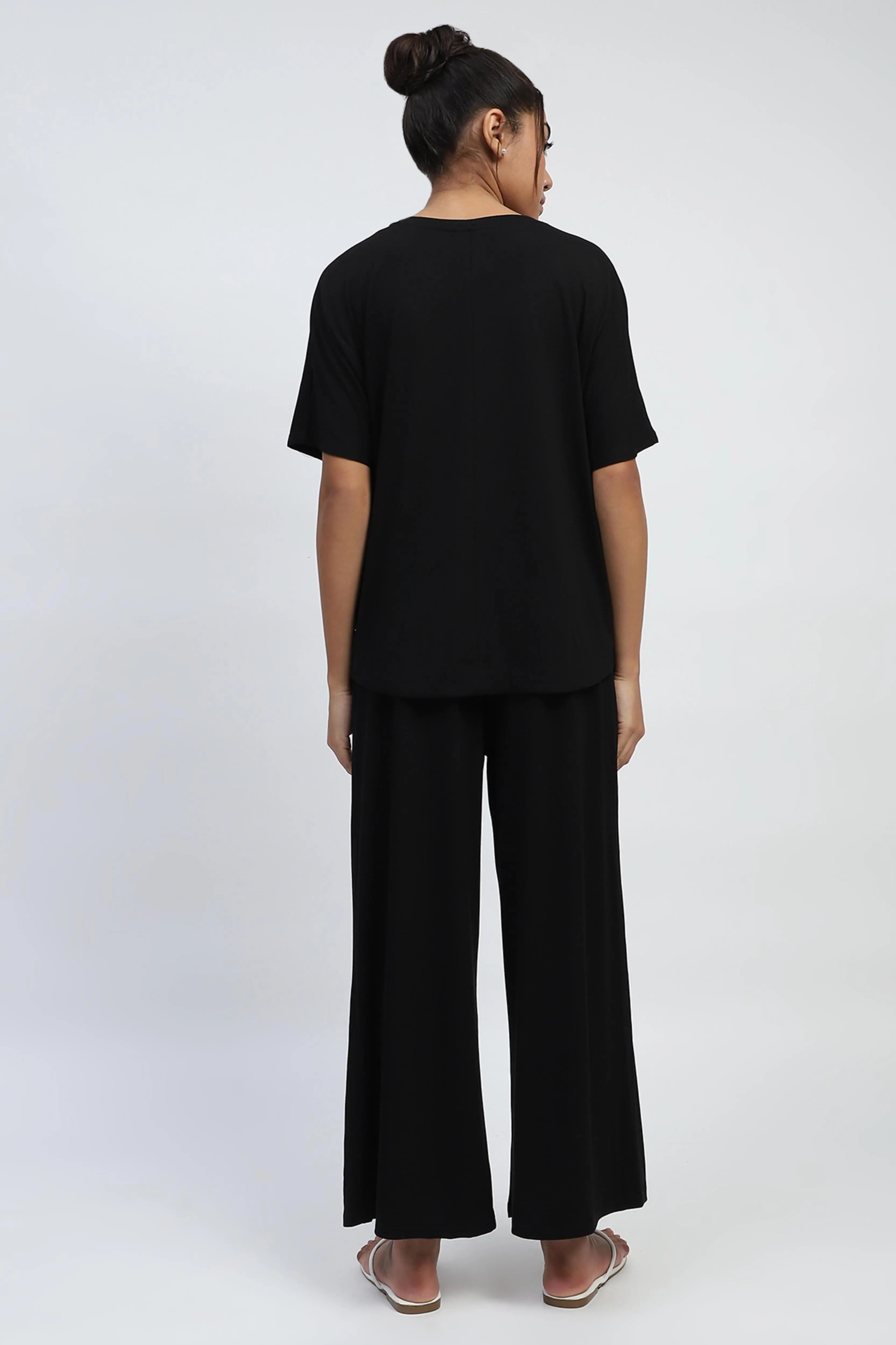 Black Embroidered Rayon Loungewear - Global Republic