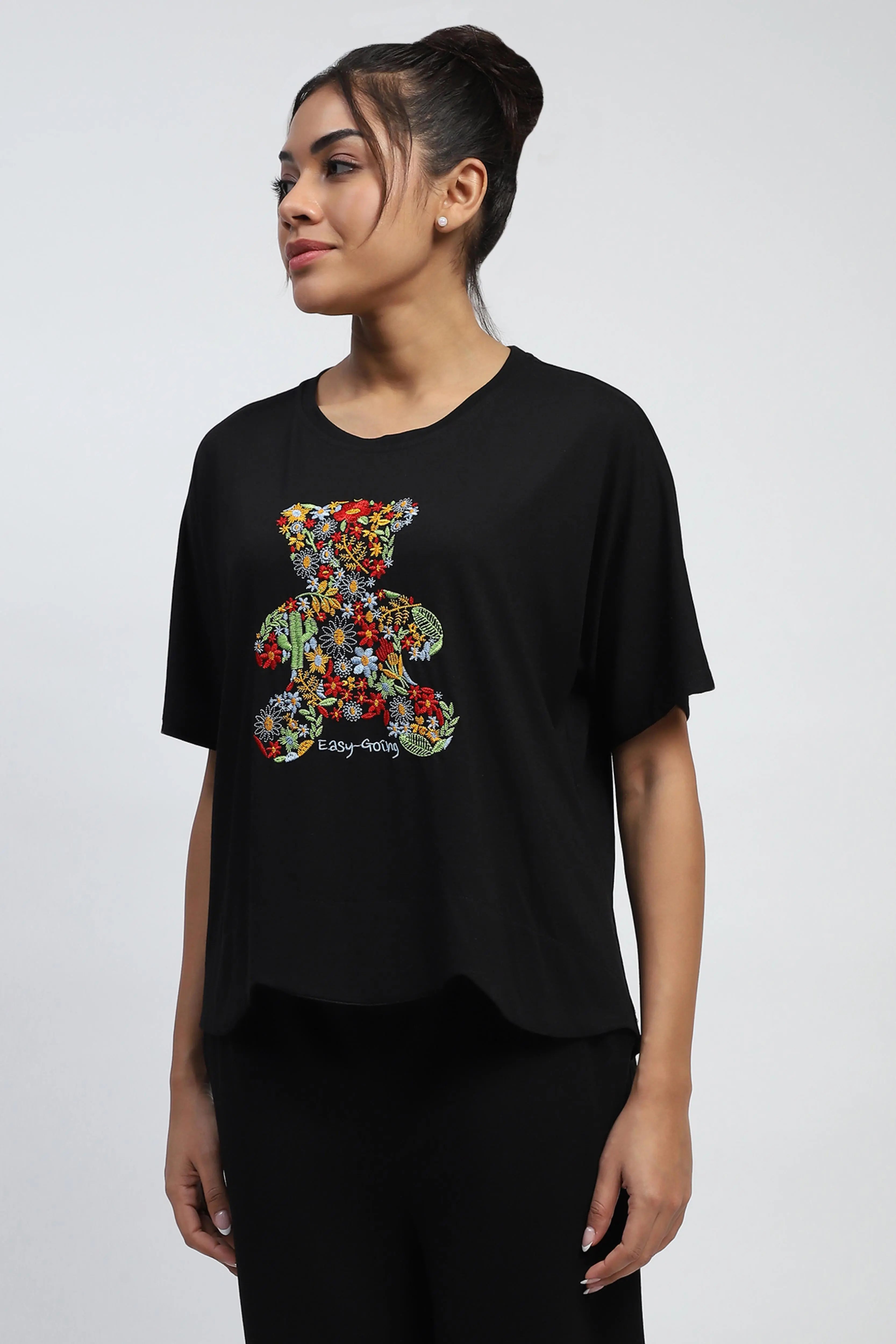 Black Embroidered Rayon Loungewear - Global Republic