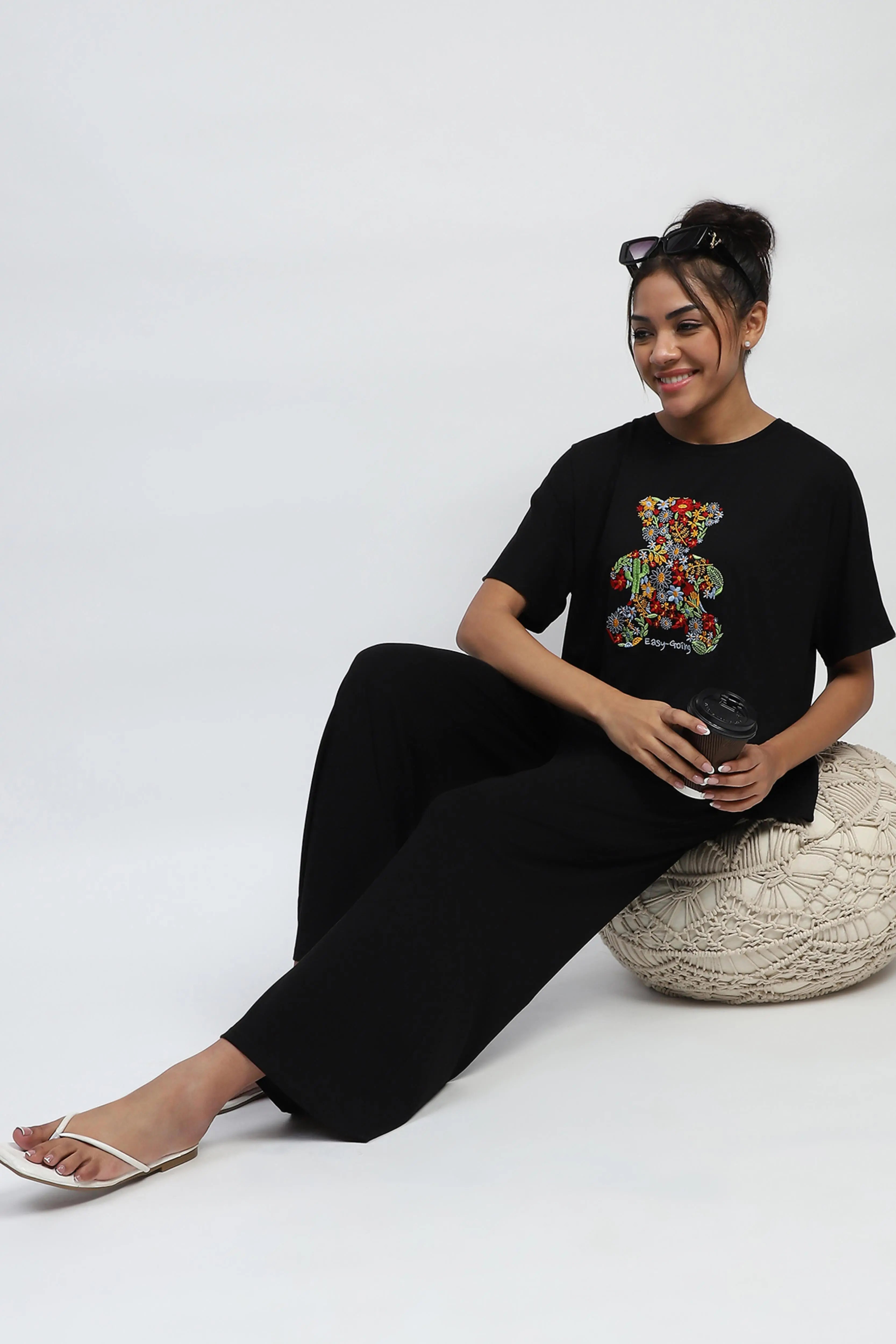 Black Embroidered Rayon Loungewear - Global Republic