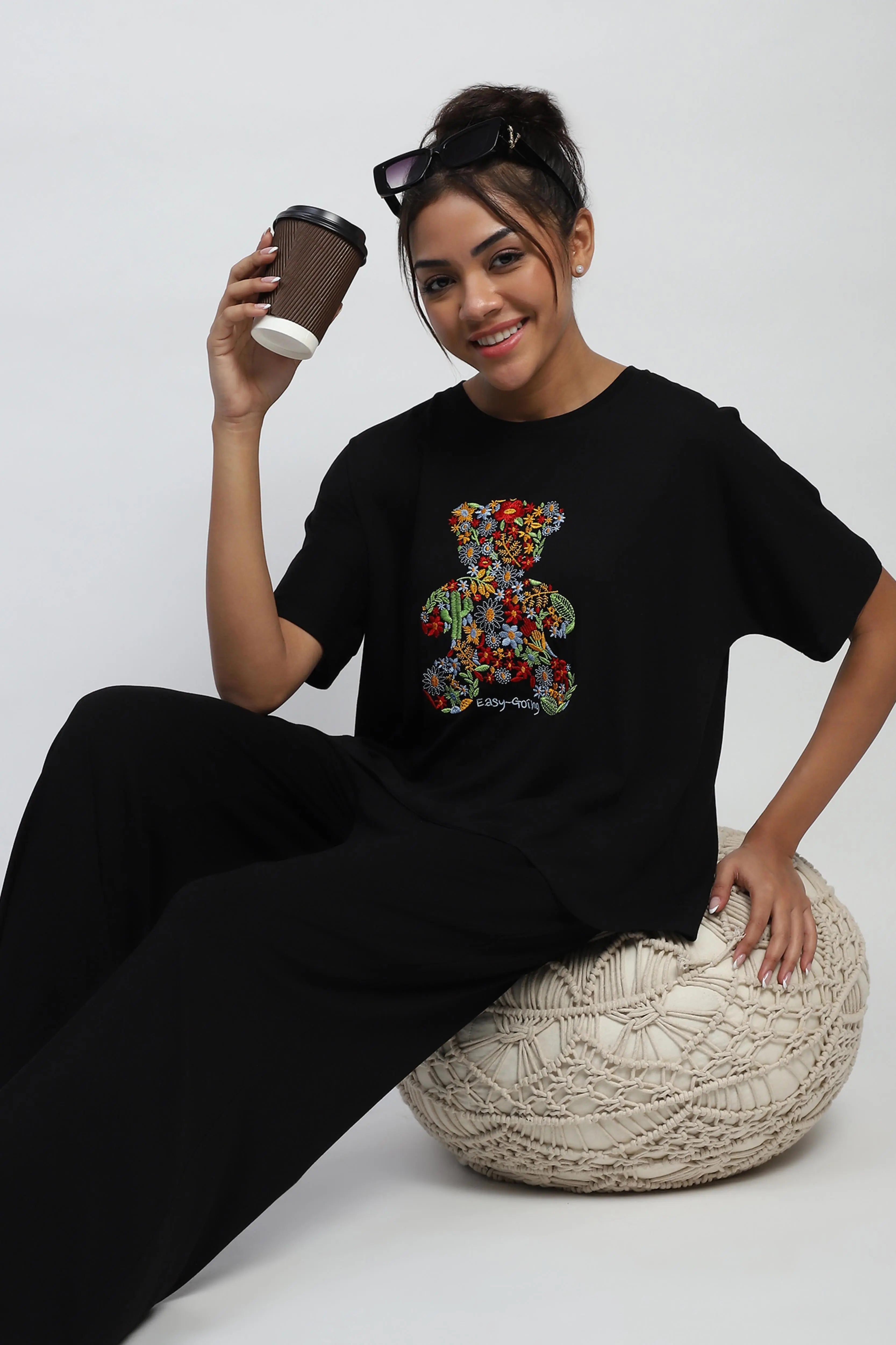 Black Embroidered Rayon Loungewear - Global Republic