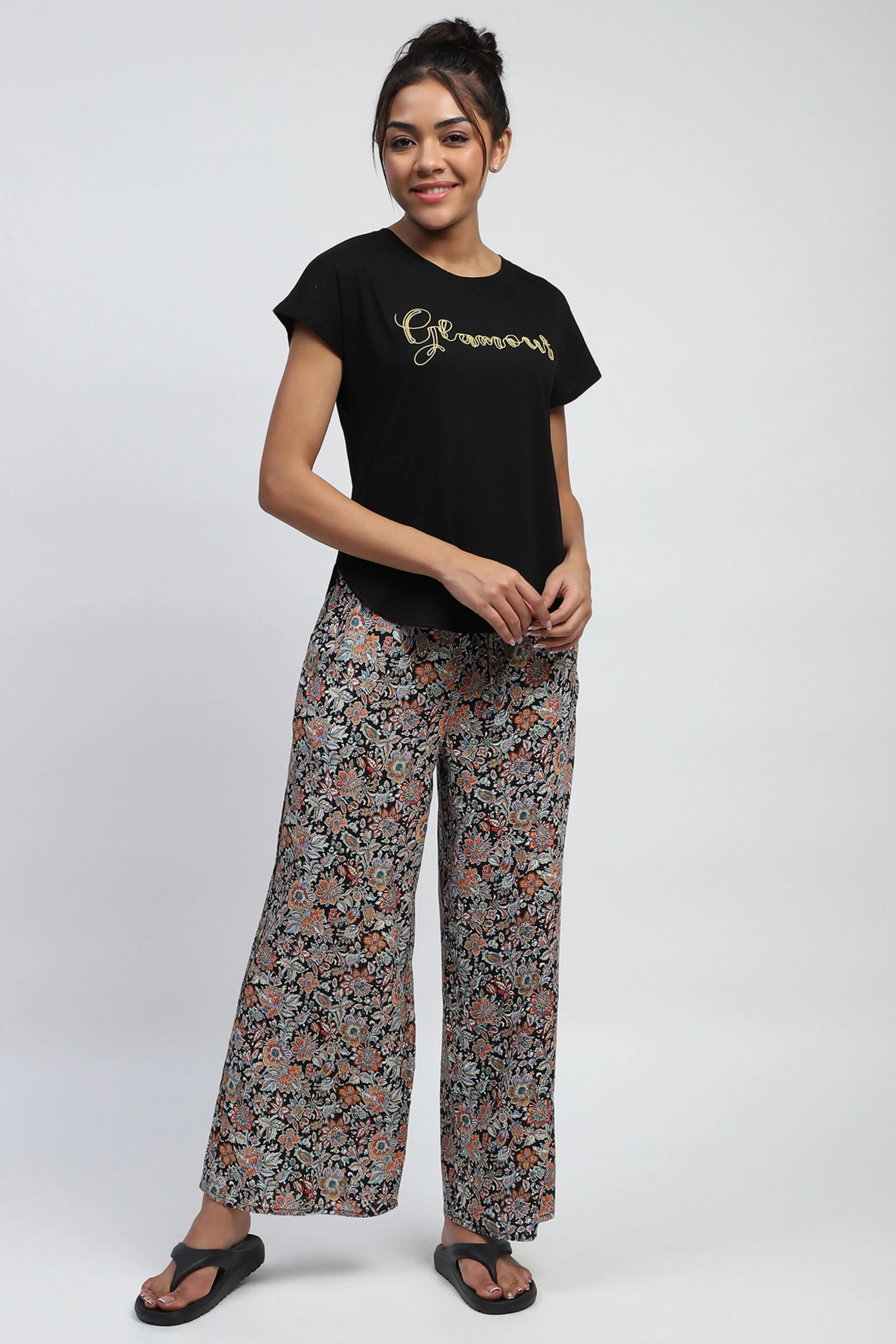 Black Floral Rayon Loungewear - Global Republic