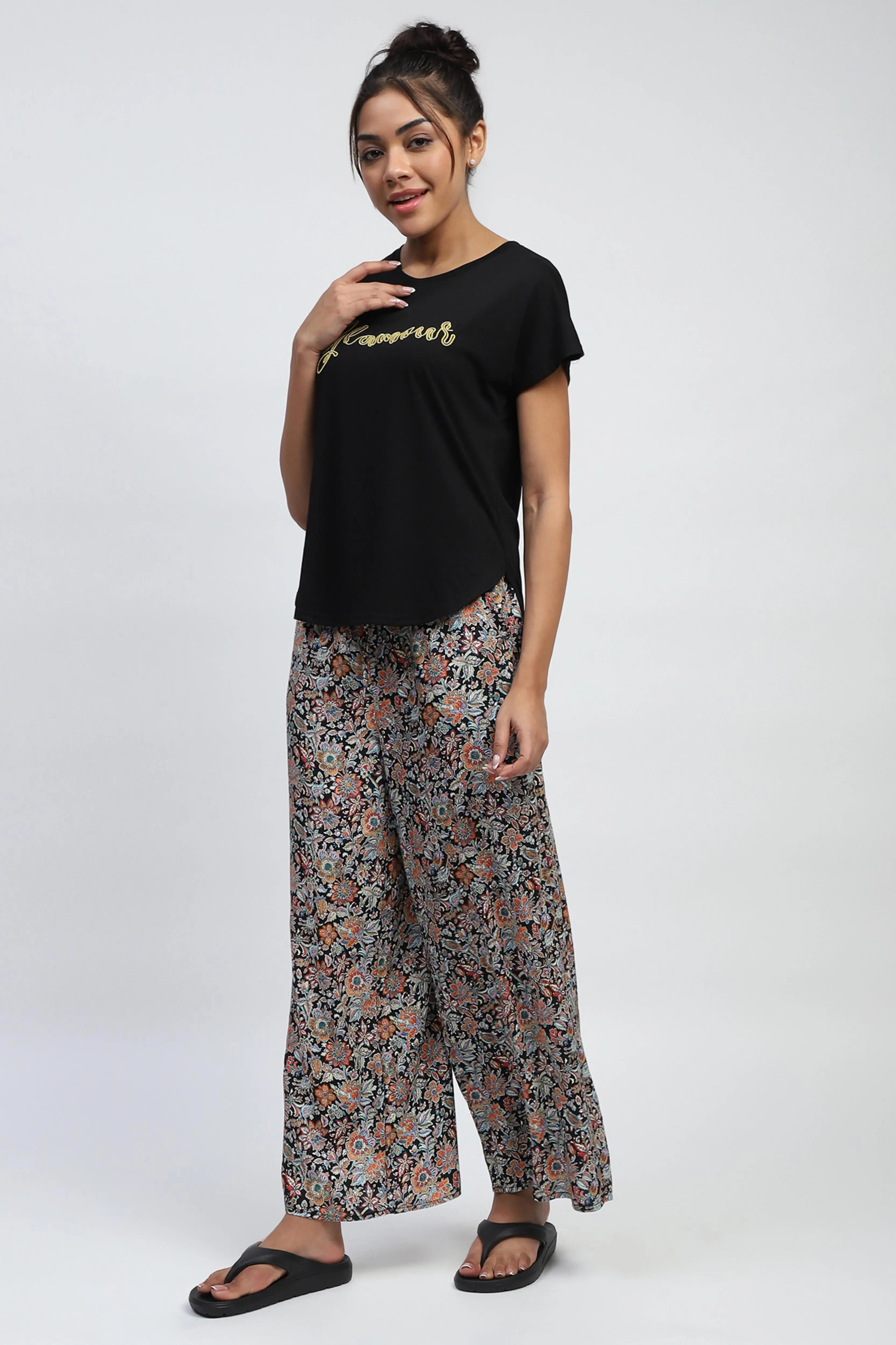 Black Floral Rayon Loungewear - Global Republic