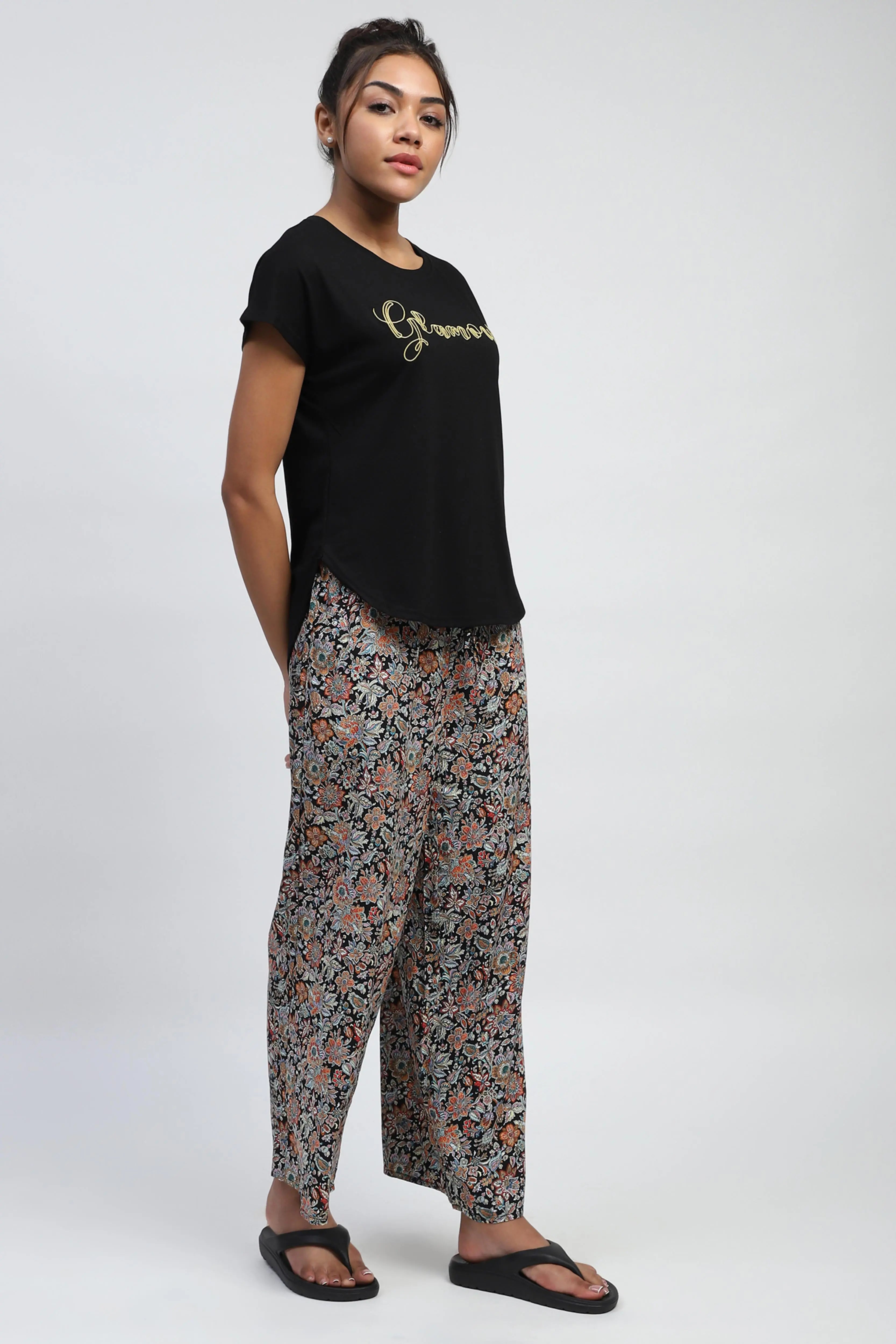 Black Floral Rayon Loungewear - Global Republic