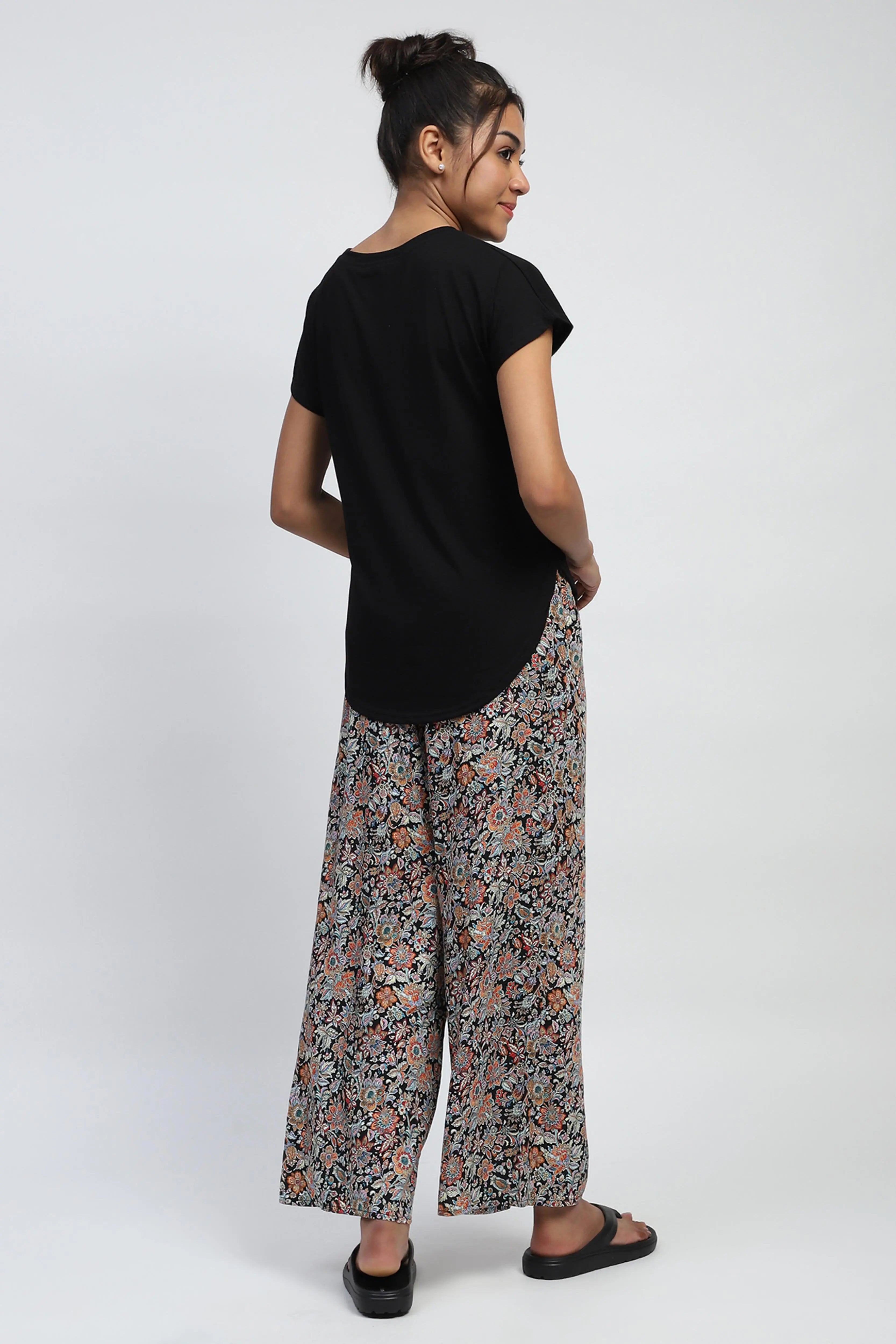 Black Floral Rayon Loungewear - Global Republic