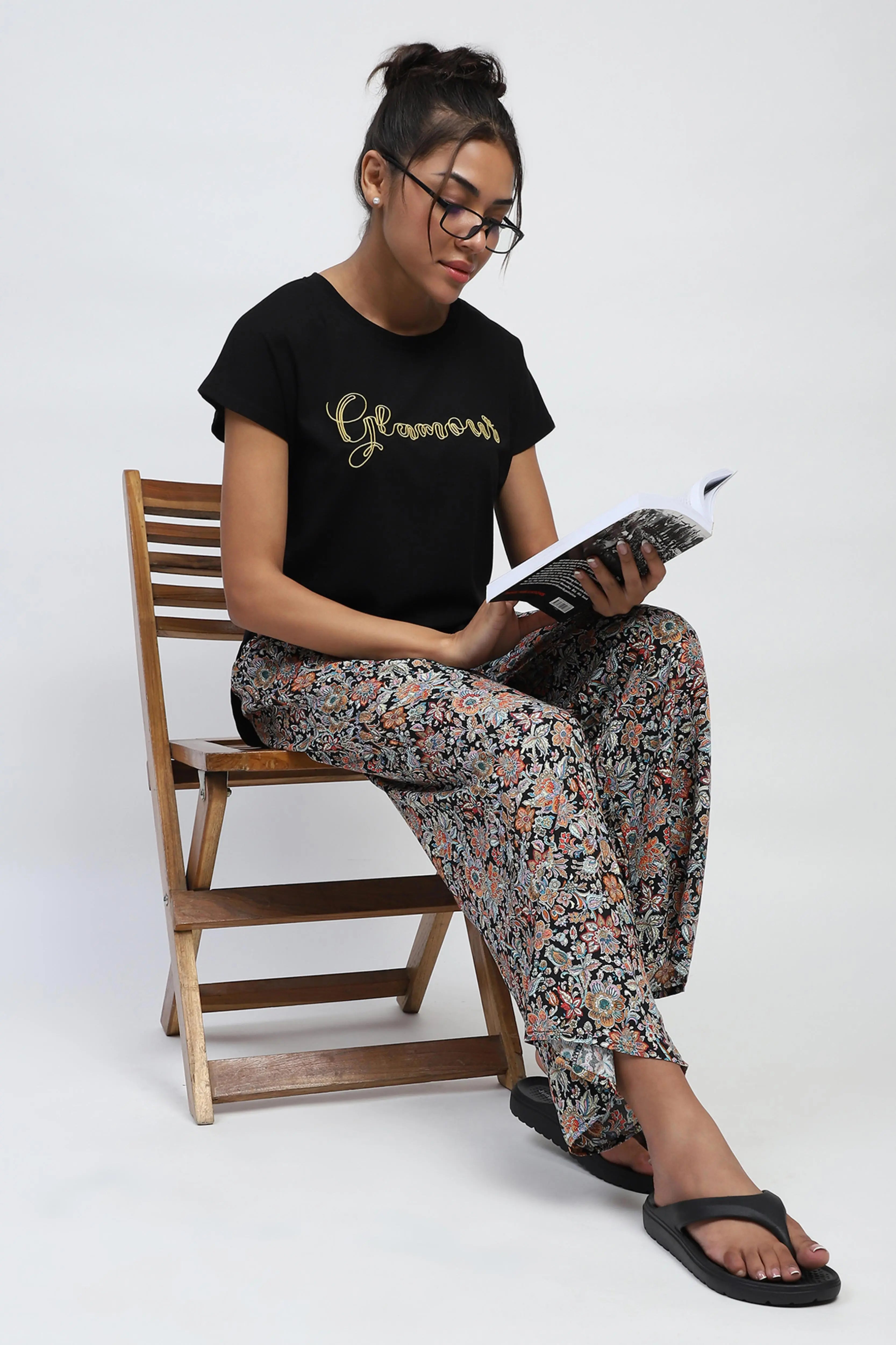 Black Floral Rayon Loungewear - Global Republic
