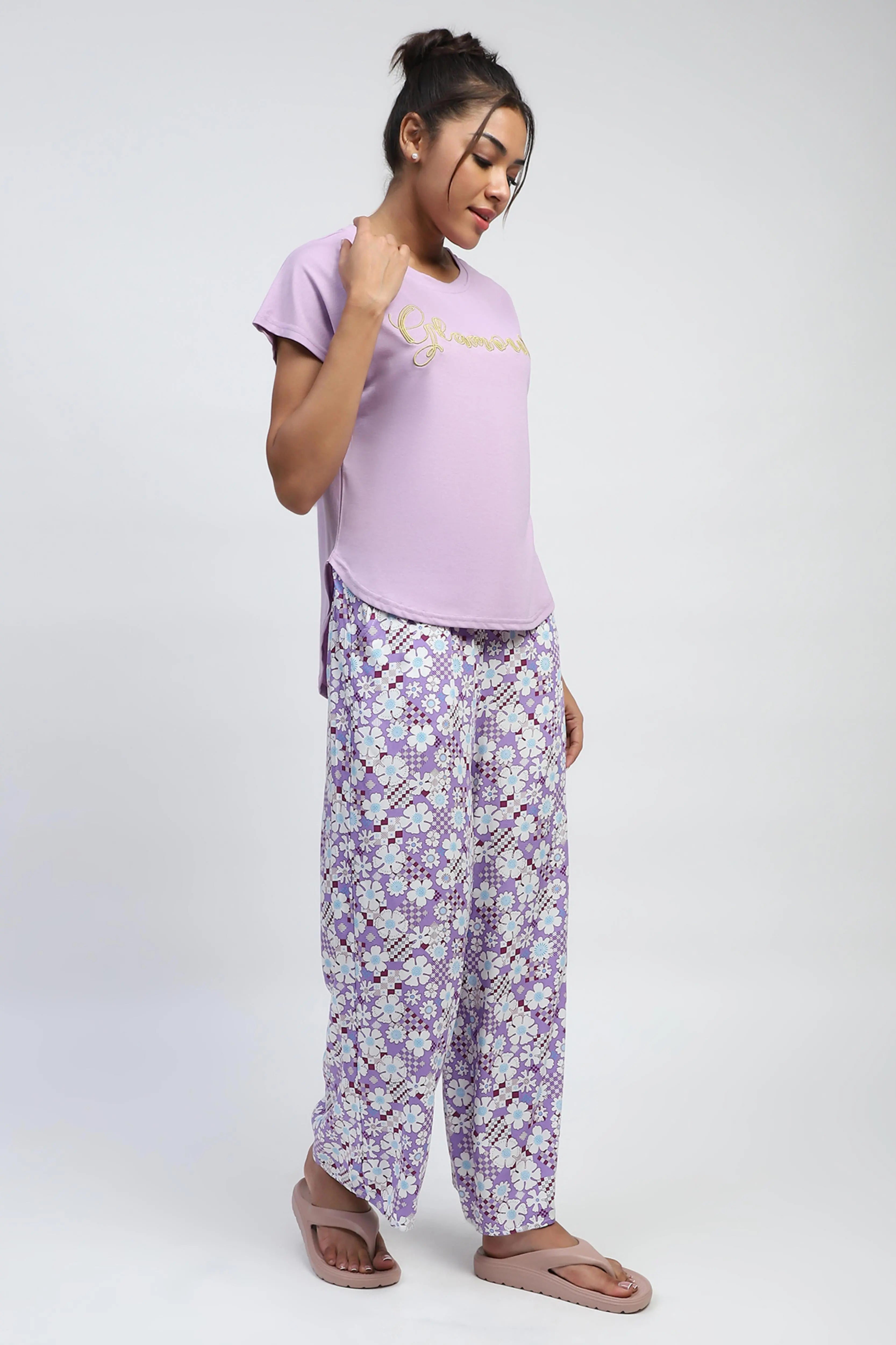 Lilac Printed Rayon Loungewear - Global Republic