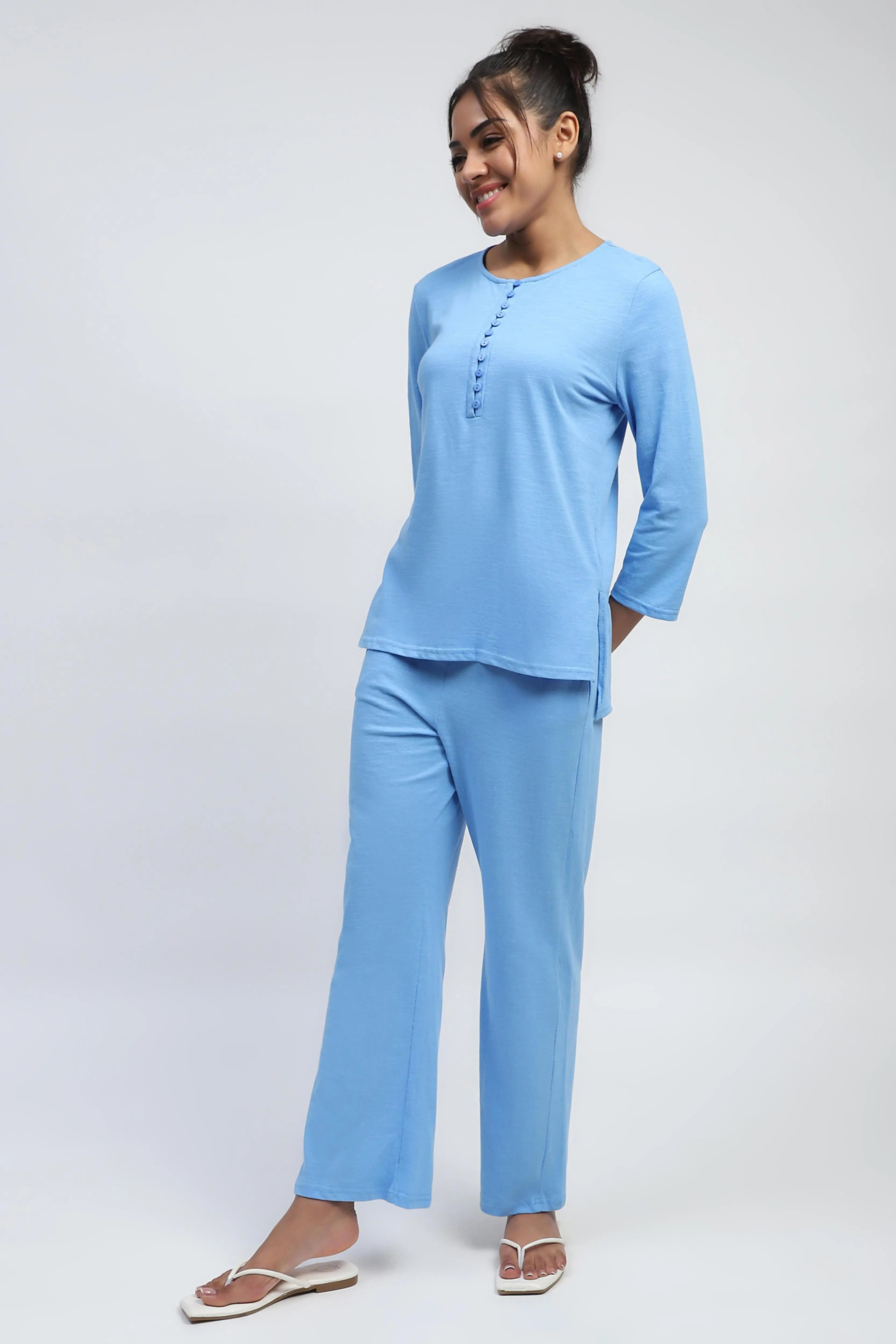 Blue Solid cotton Lounge Wear - Global Republic