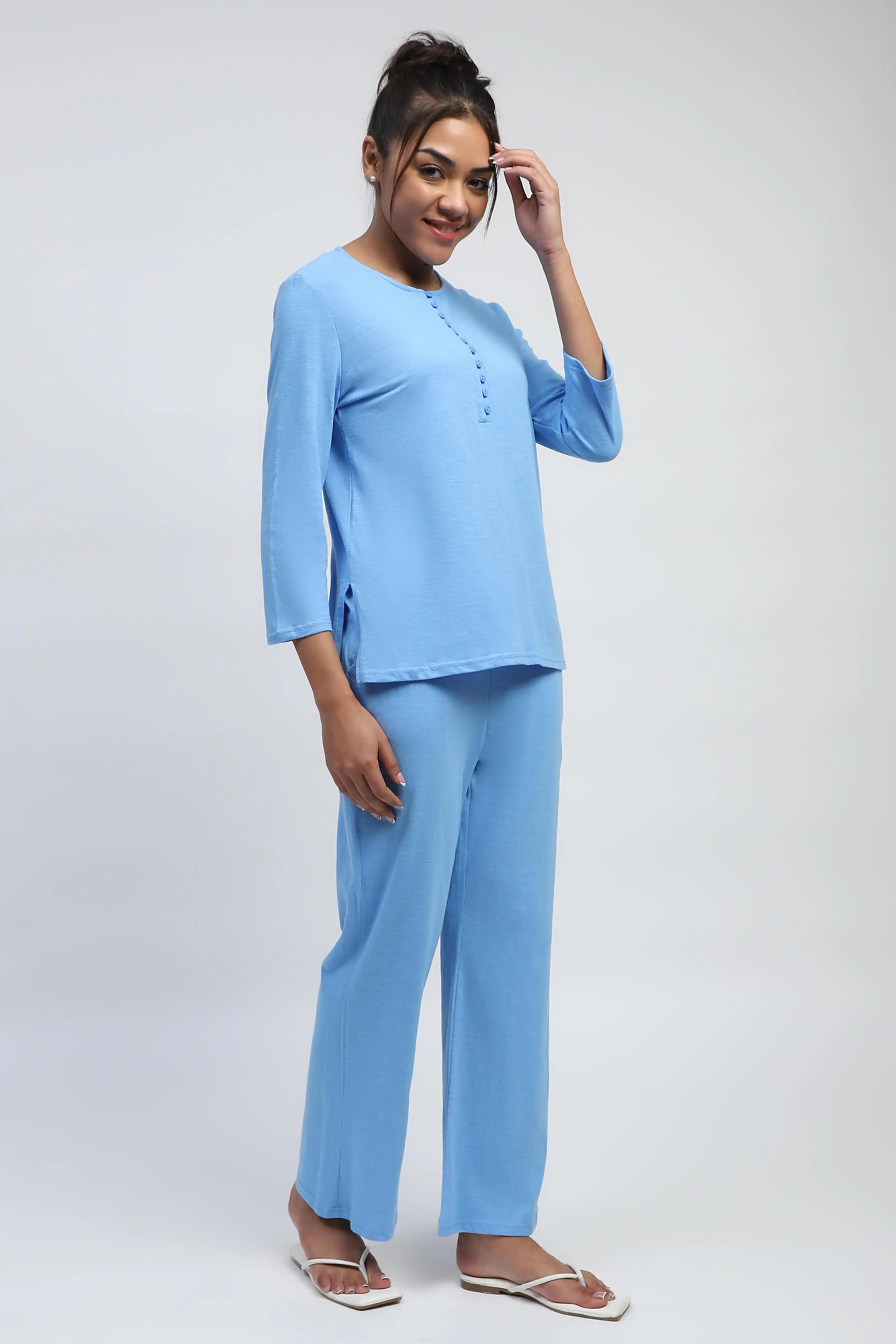 Blue Solid cotton Lounge Wear - Global Republic