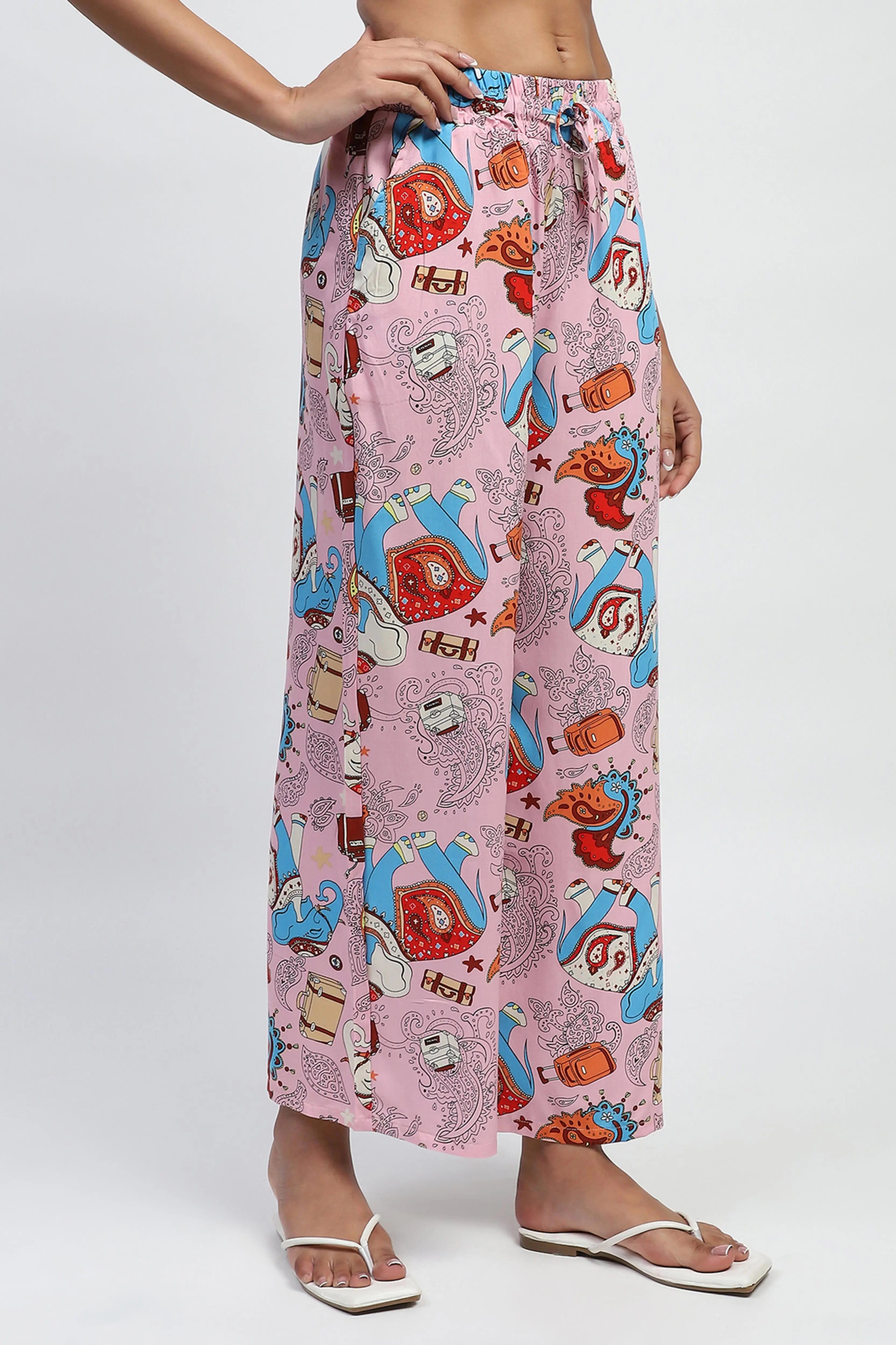 Pink Graphic Print Rayon Loose Fit Lower - Global Republic