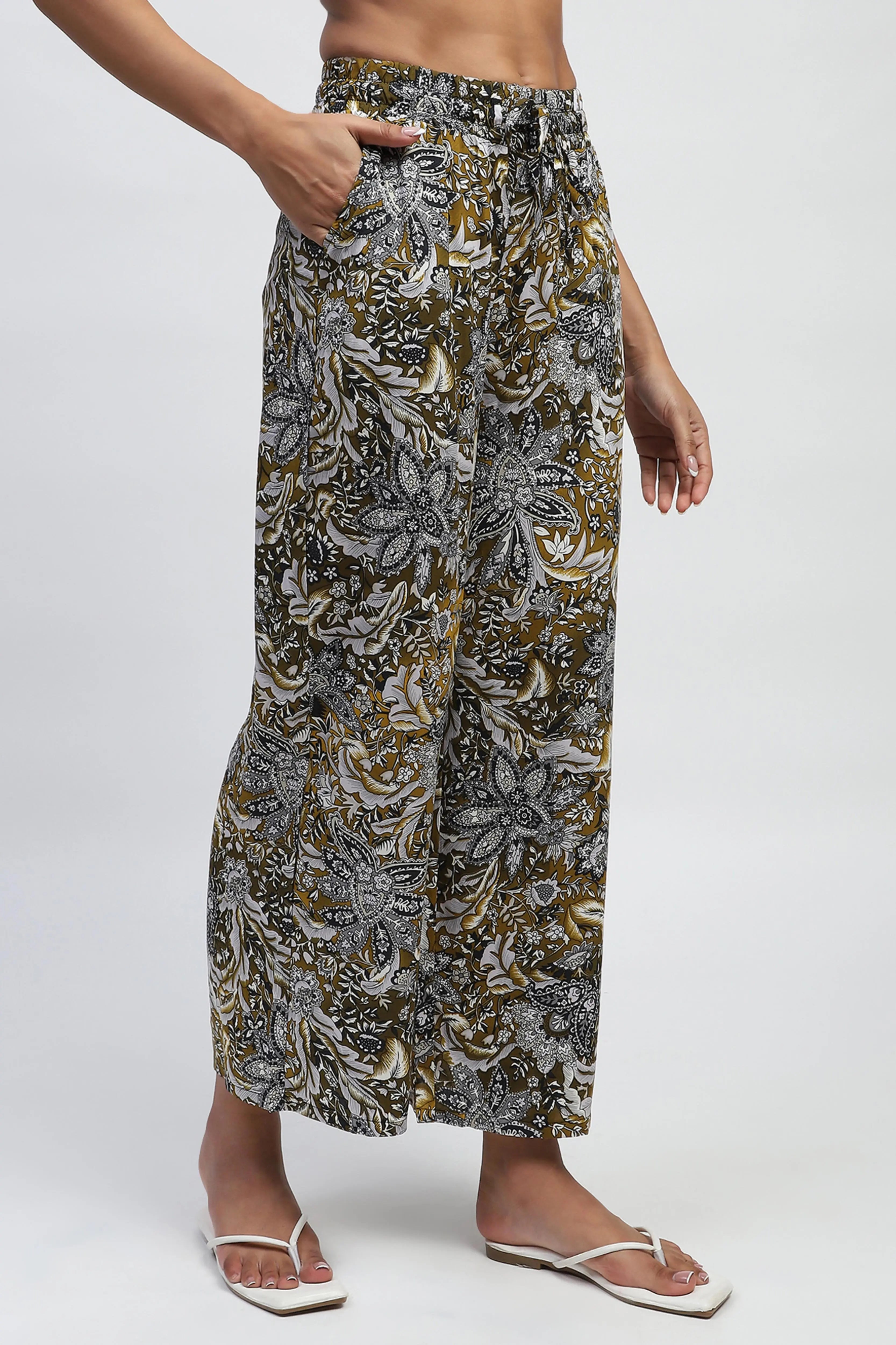 Olive Floral Print Rayon Loose Fit Lower - Global Republic
