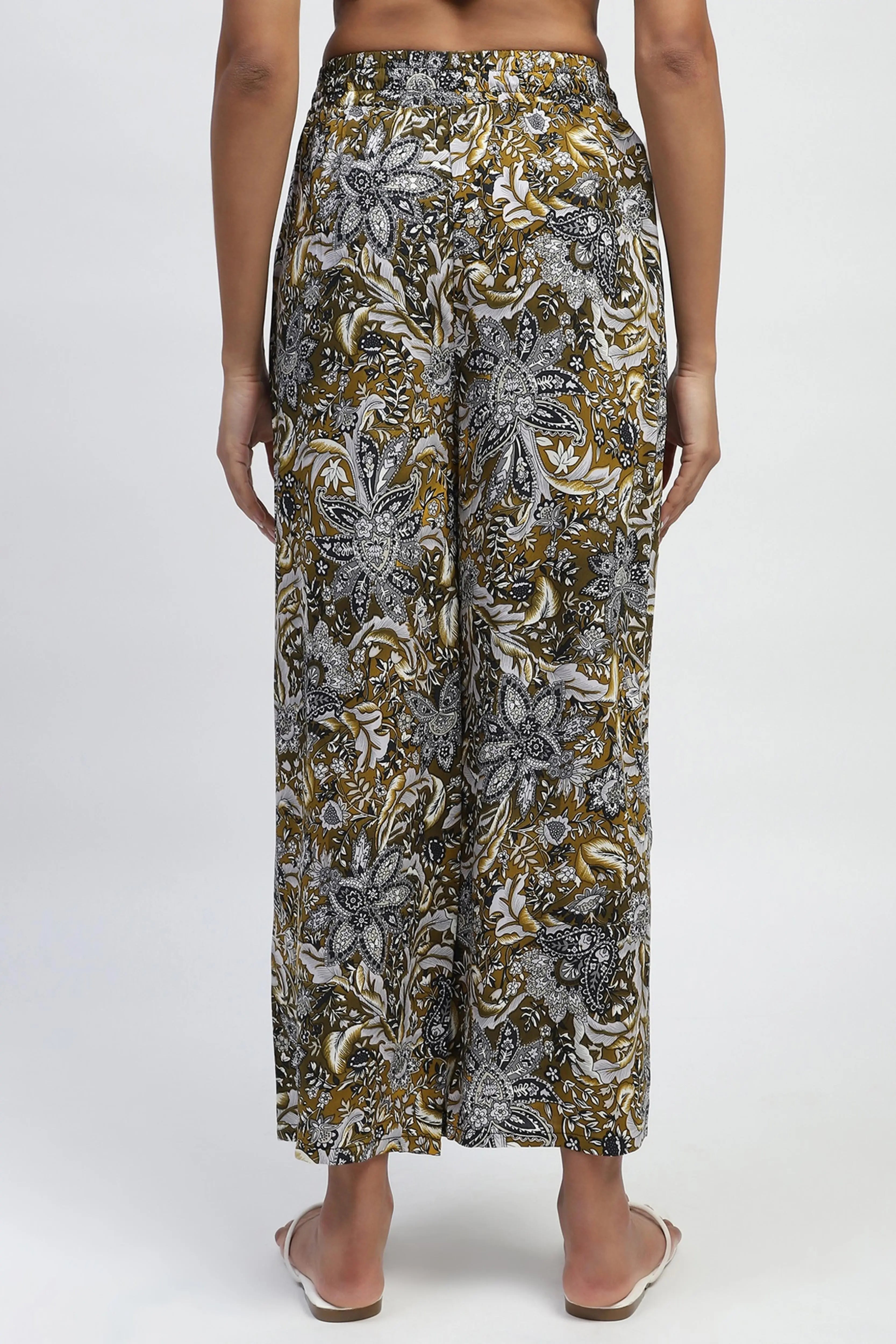 Olive Floral Print Rayon Loose Fit Lower - Global Republic