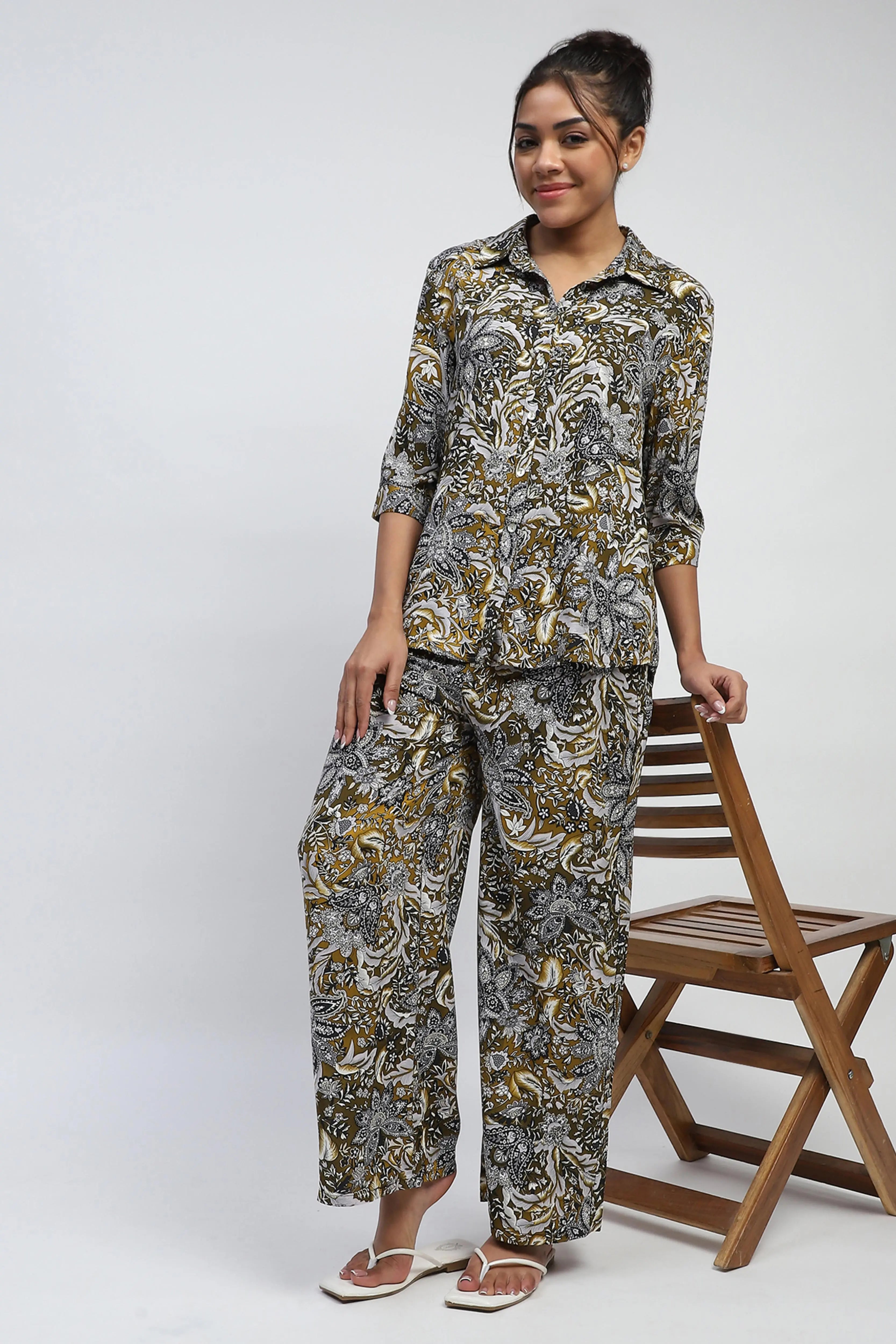 Olive Floral Print Rayon Loose Fit Lower - Global Republic