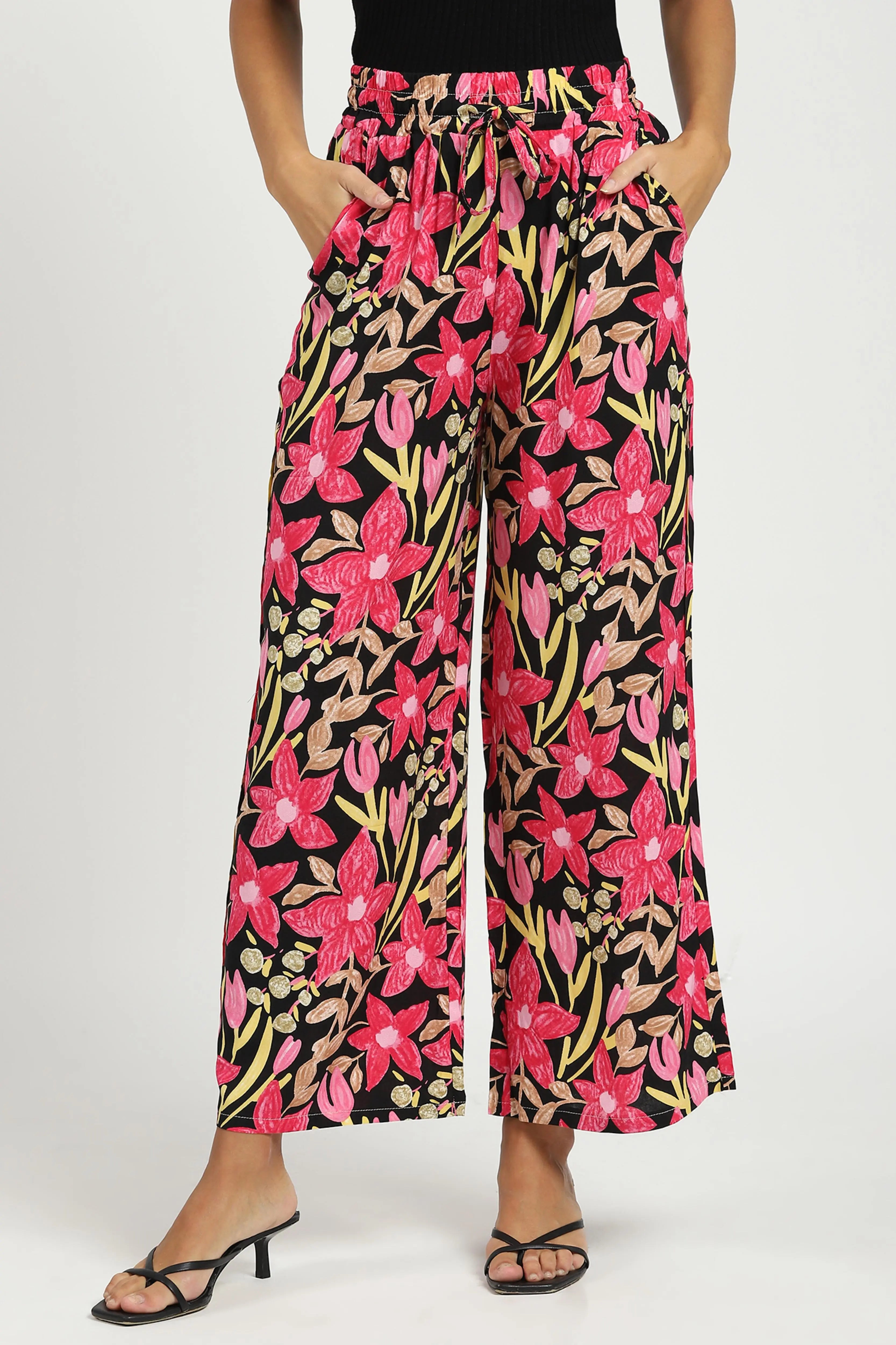 Black & Pink Printed Rayon Lower - Global Republic