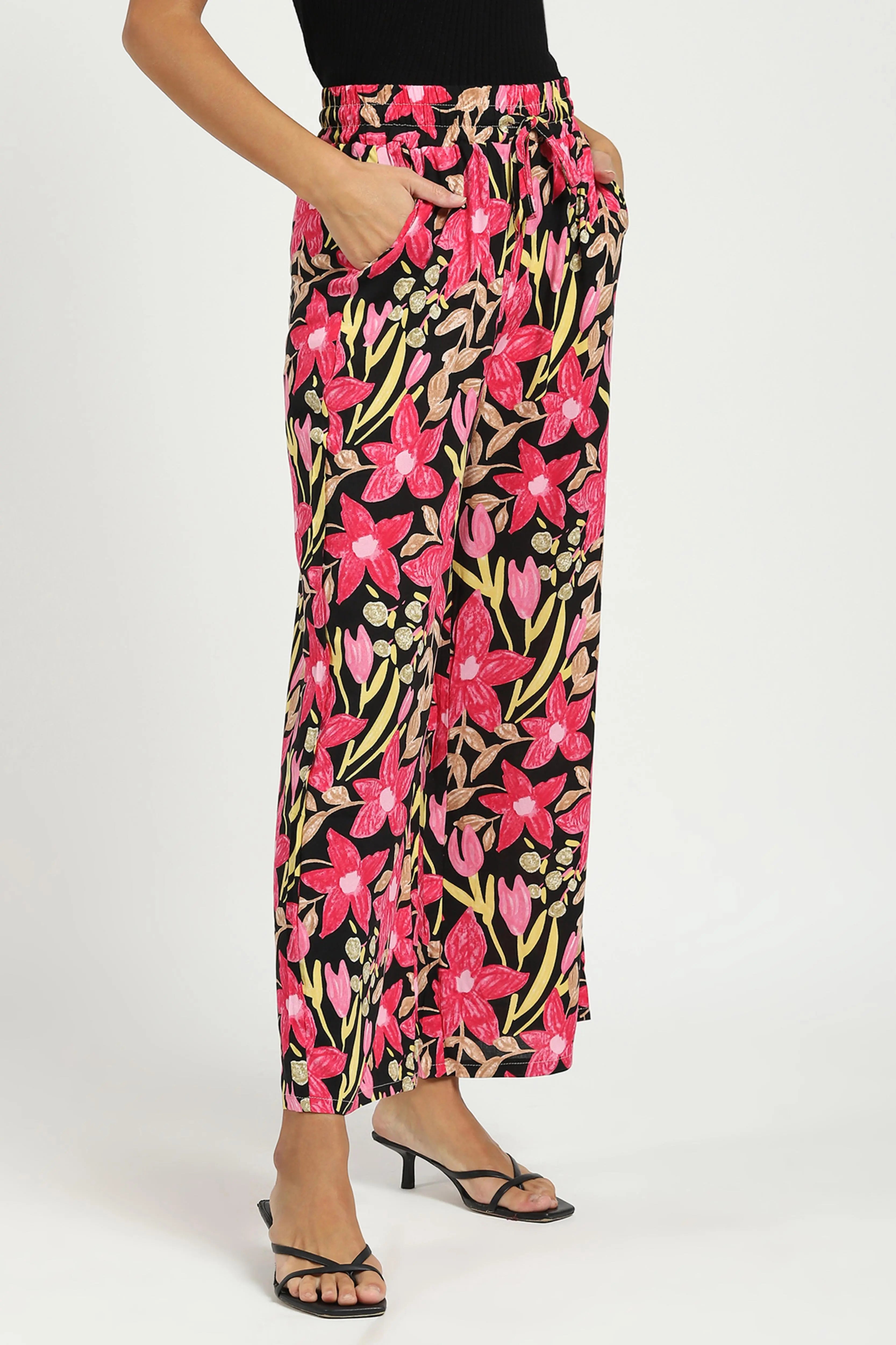 Black & Pink Printed Rayon Lower - Global Republic