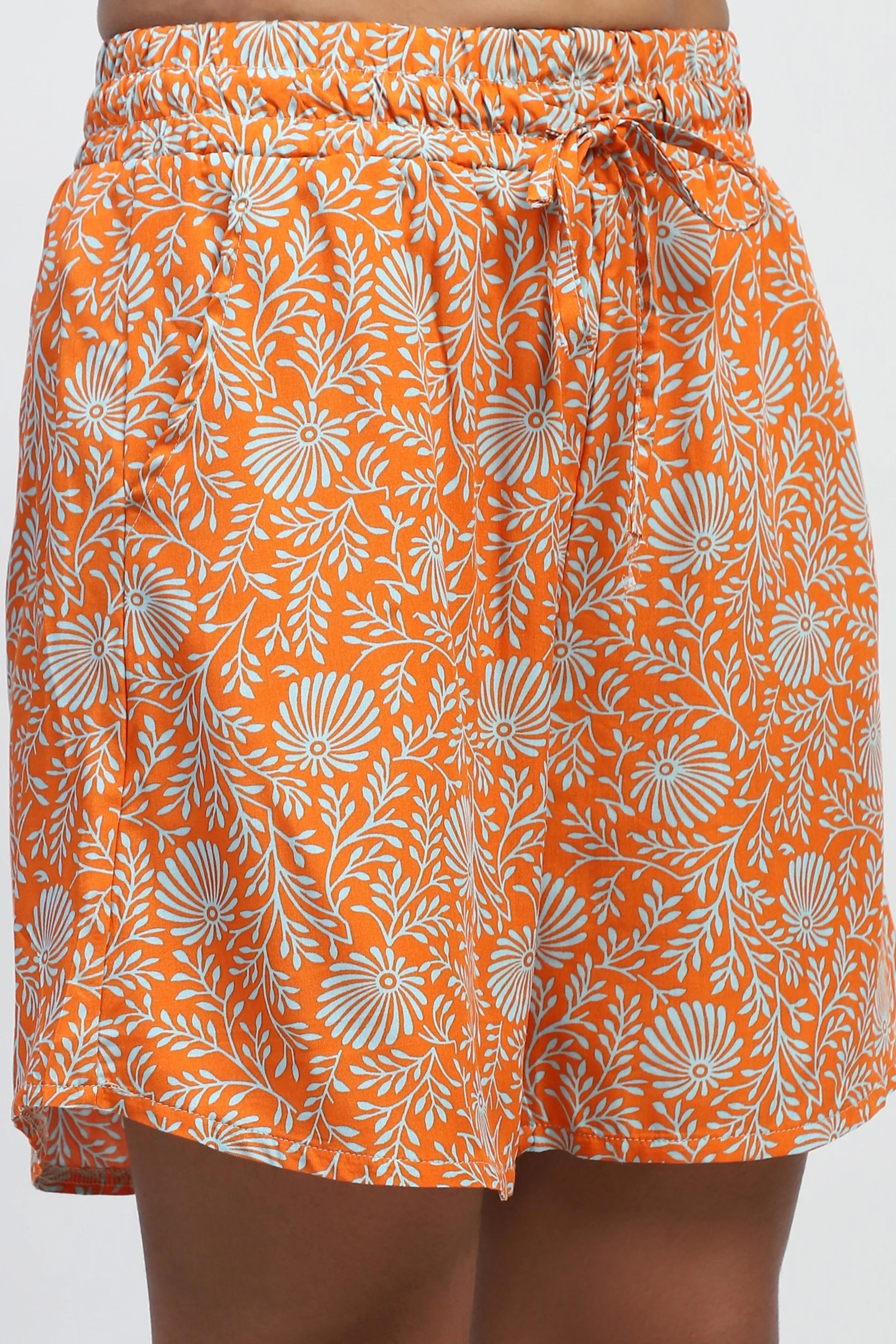 Orange Floral Rayon Loose Fit Shorts - Global Republic