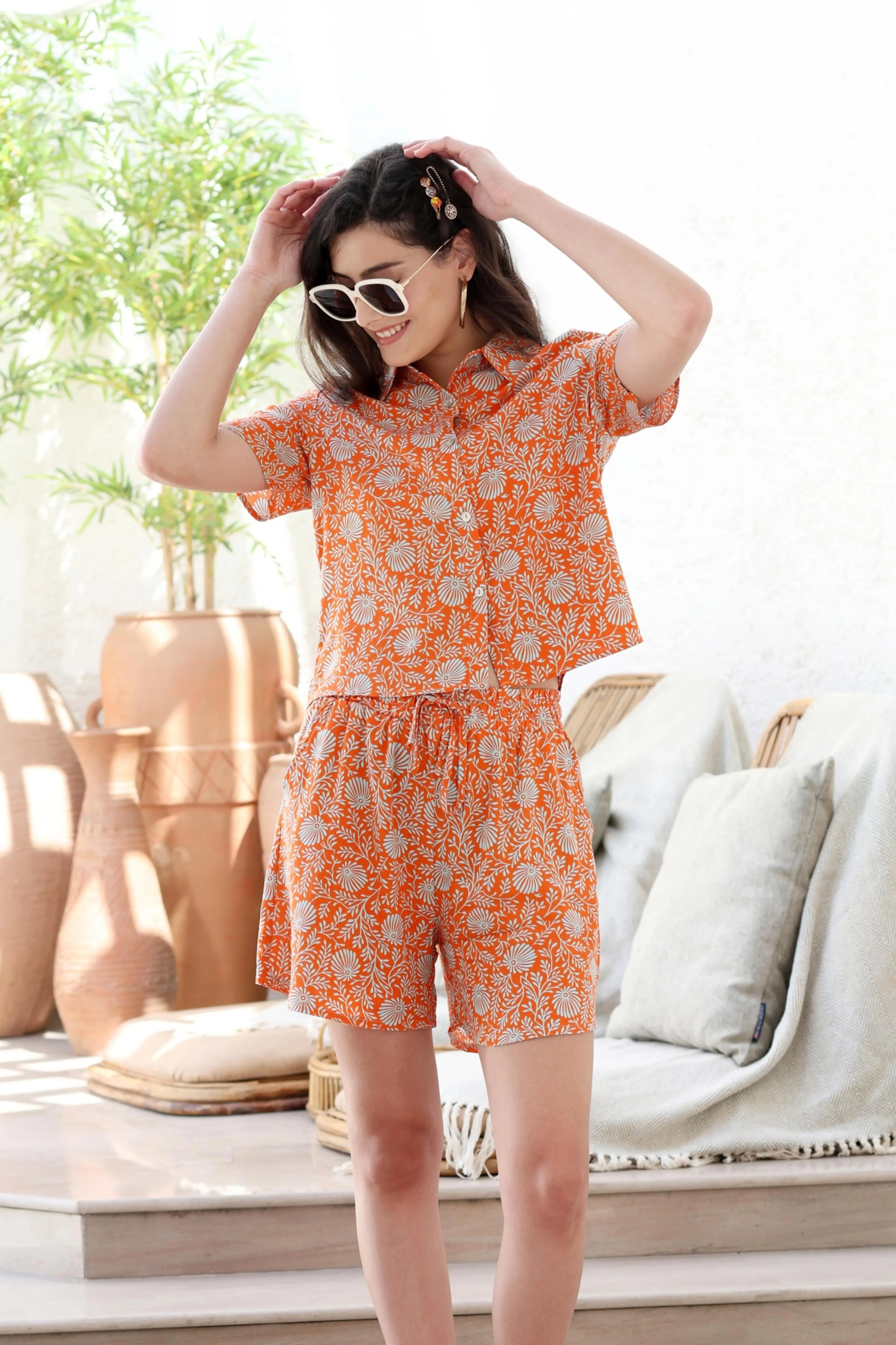 Orange Rayon Floral Nightsuit - Global Republic