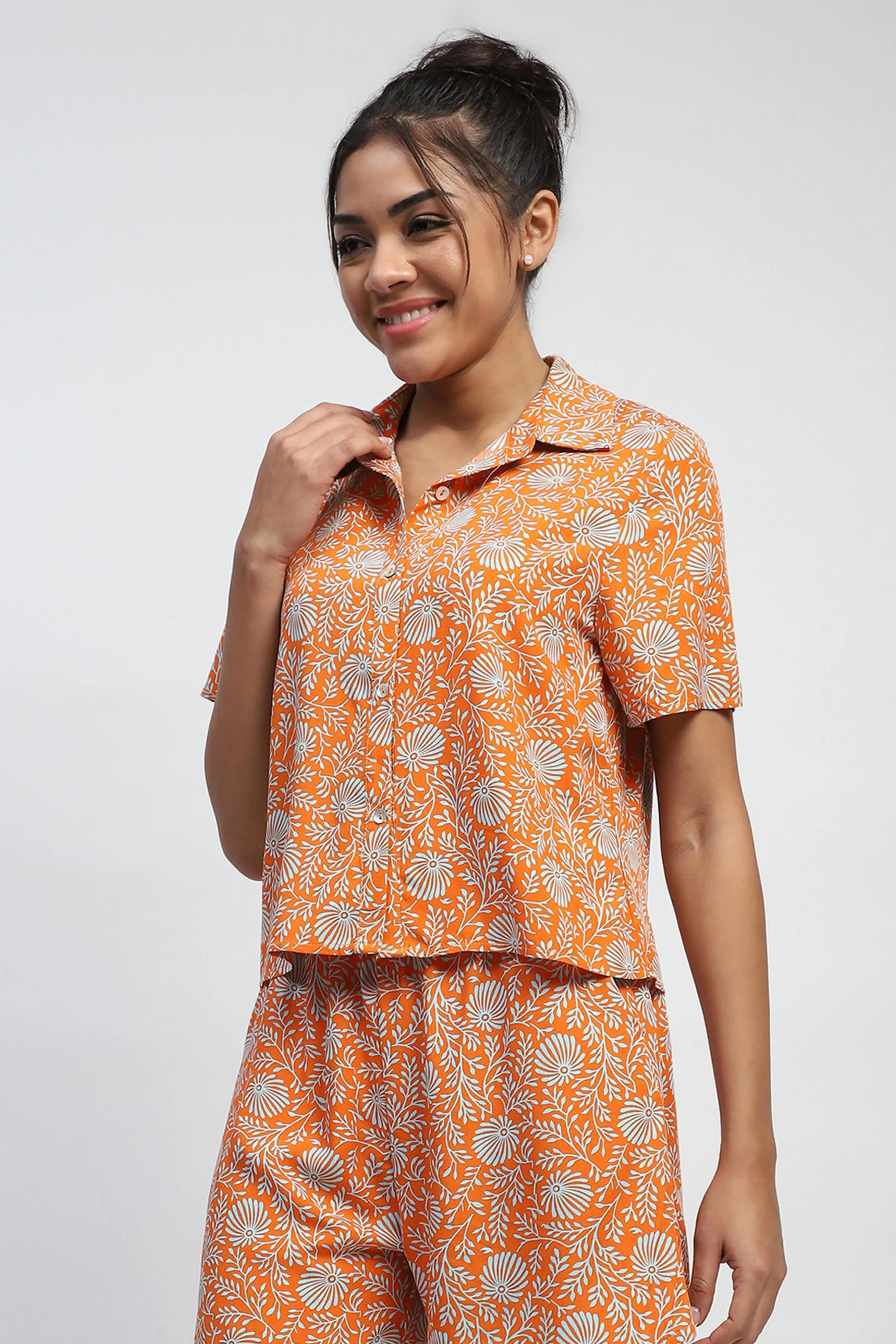 Orange Floral Print Rayon Loose Fit Shirt - Global Republic