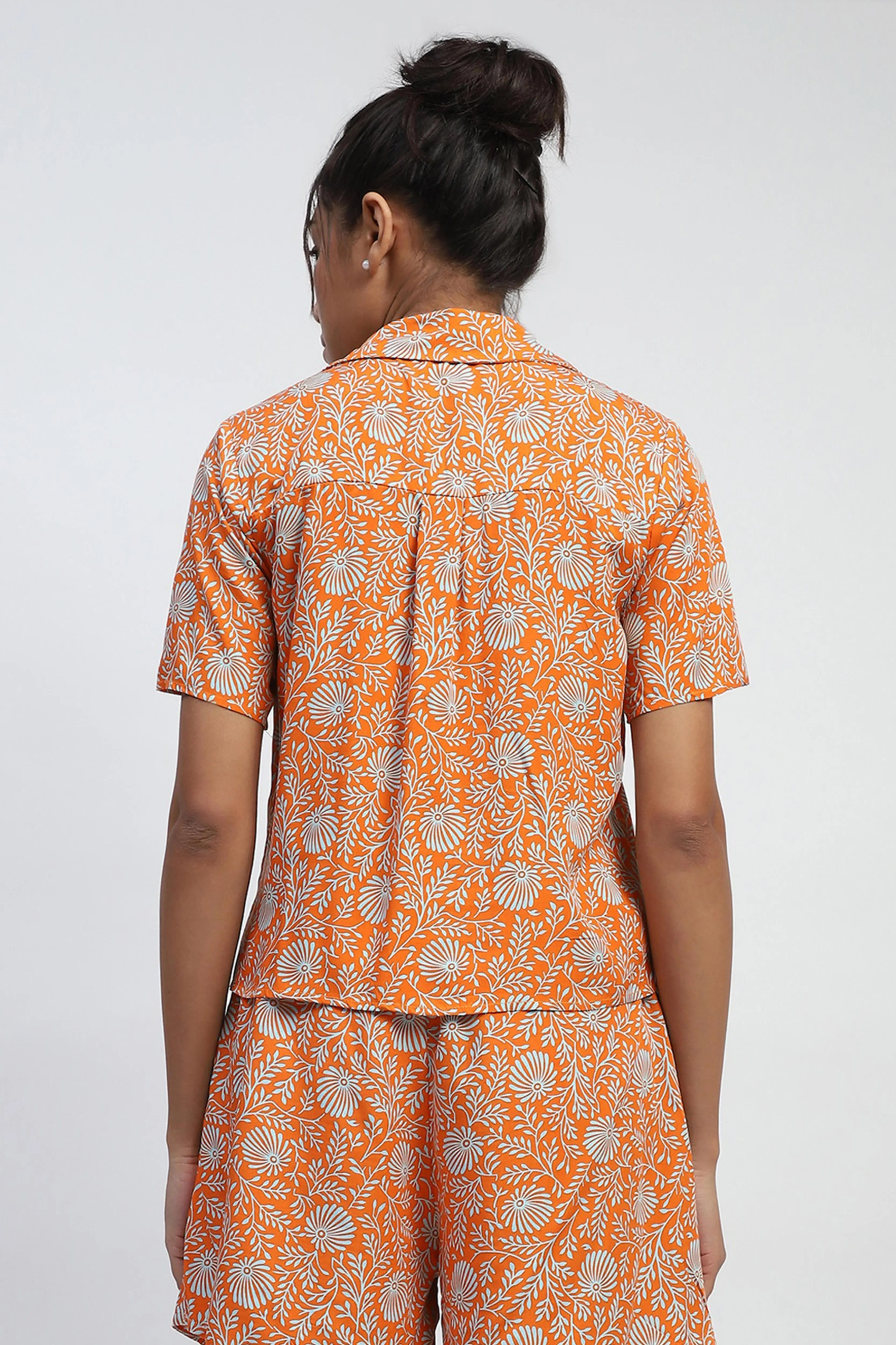 Orange Floral Print Rayon Loose Fit Shirt - Global Republic