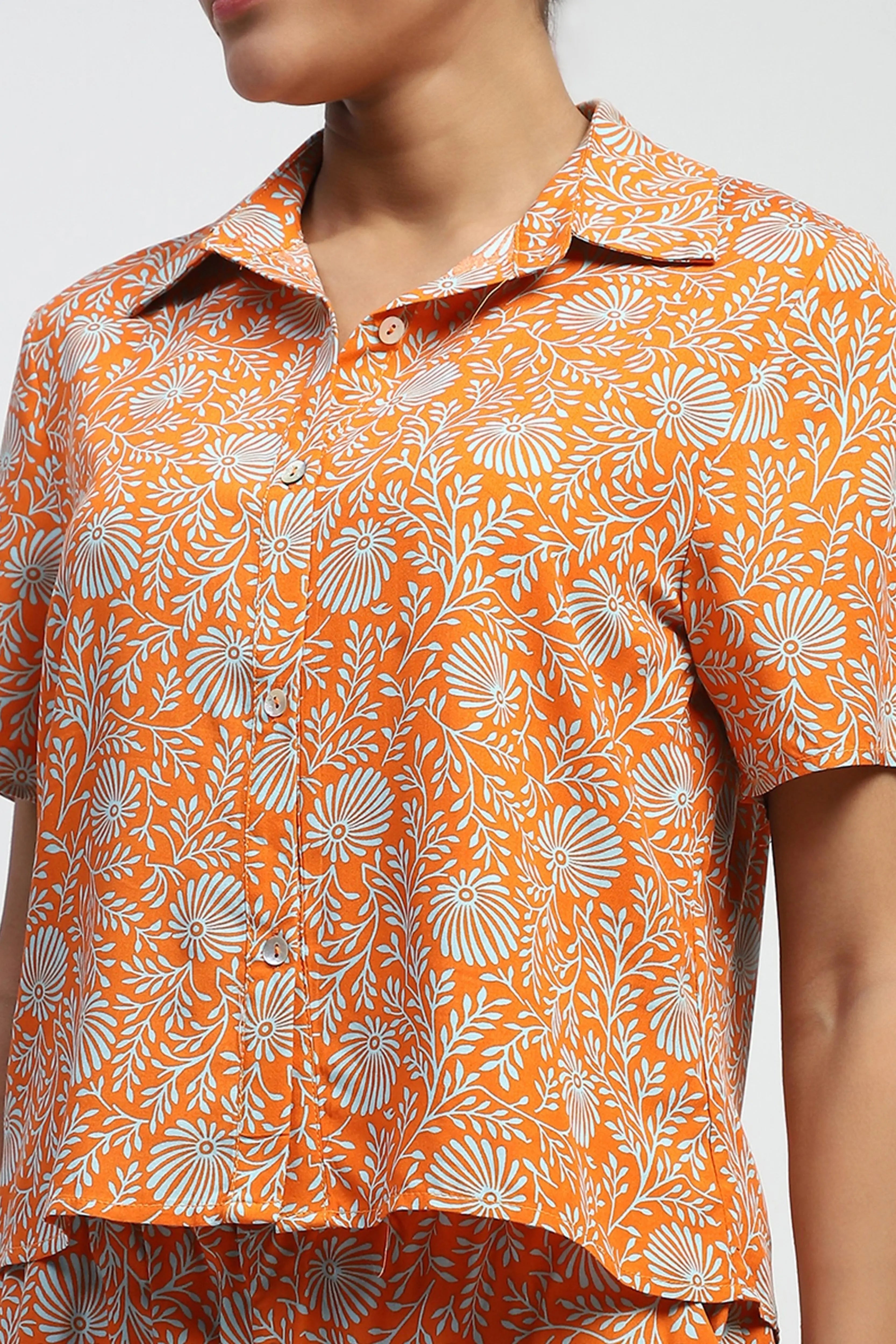 Orange Floral Print Rayon Loose Fit Shirt - Global Republic