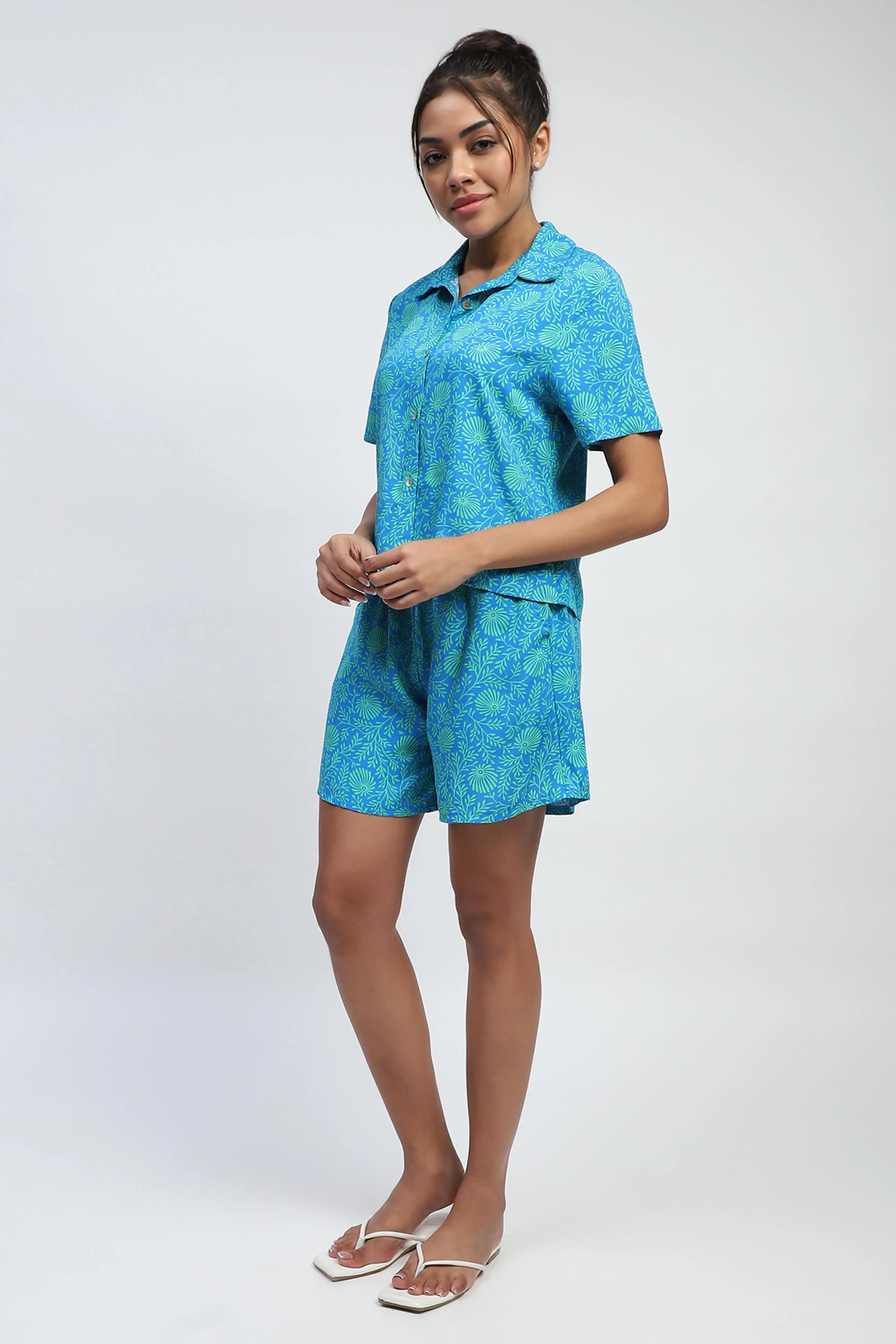 Blue Rayon Floral Print Nightsuit - Global Republic