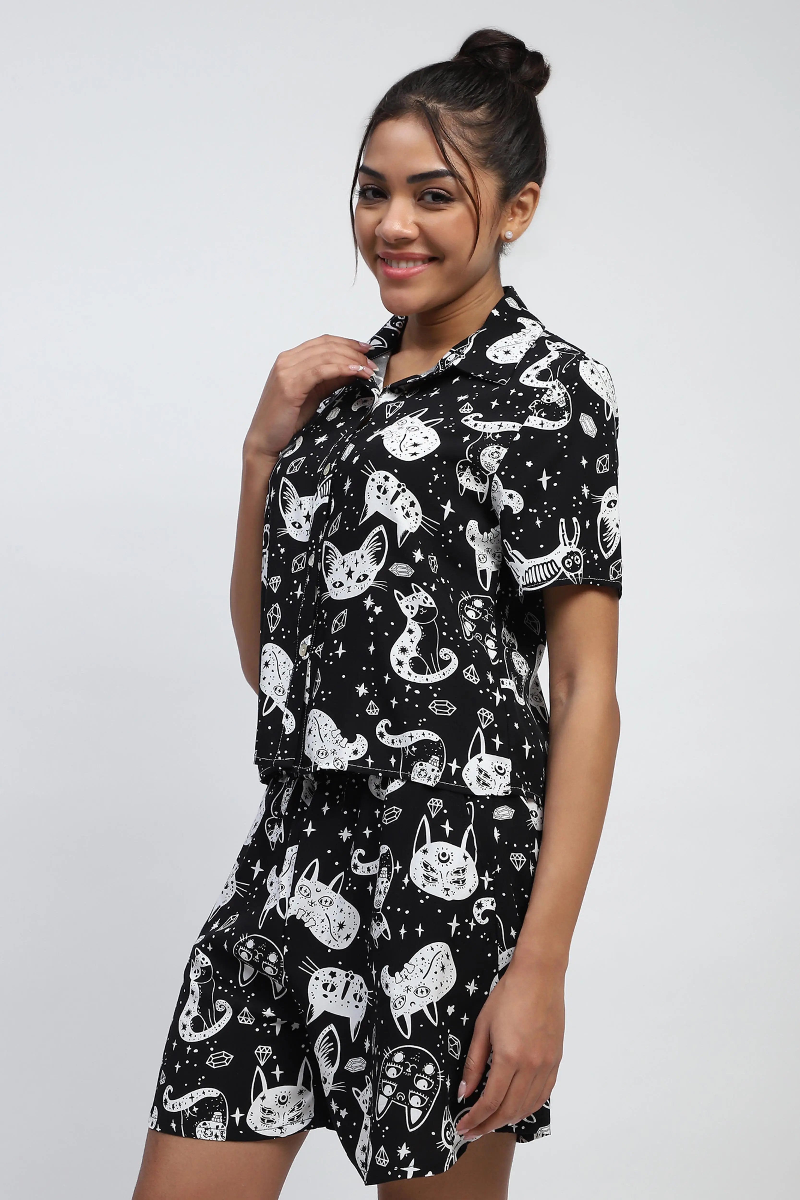 Black Abstract Print Rayon Loose Fit Shirt - Global Republic