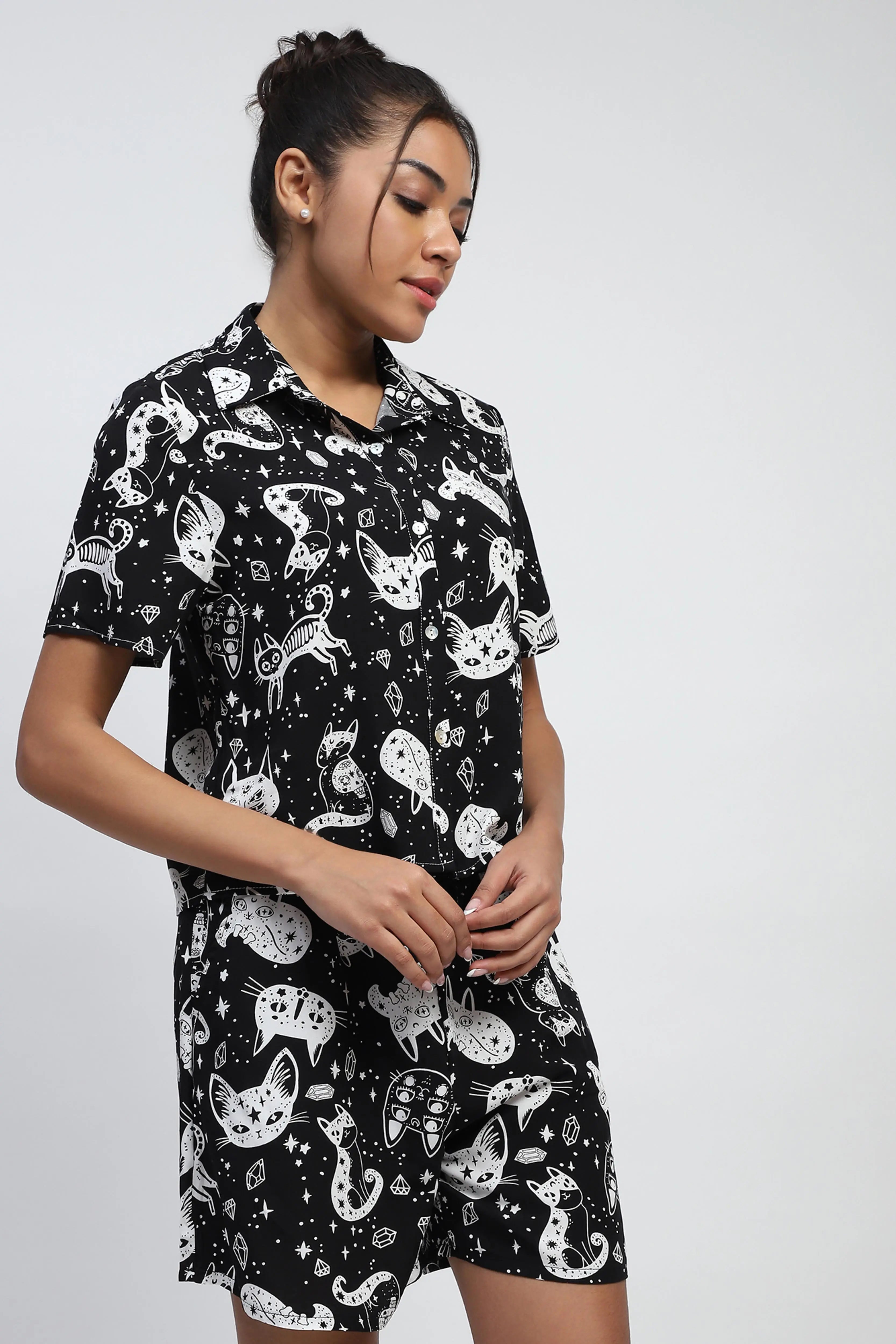 Black Abstract Print Rayon Loose Fit Shirt - Global Republic