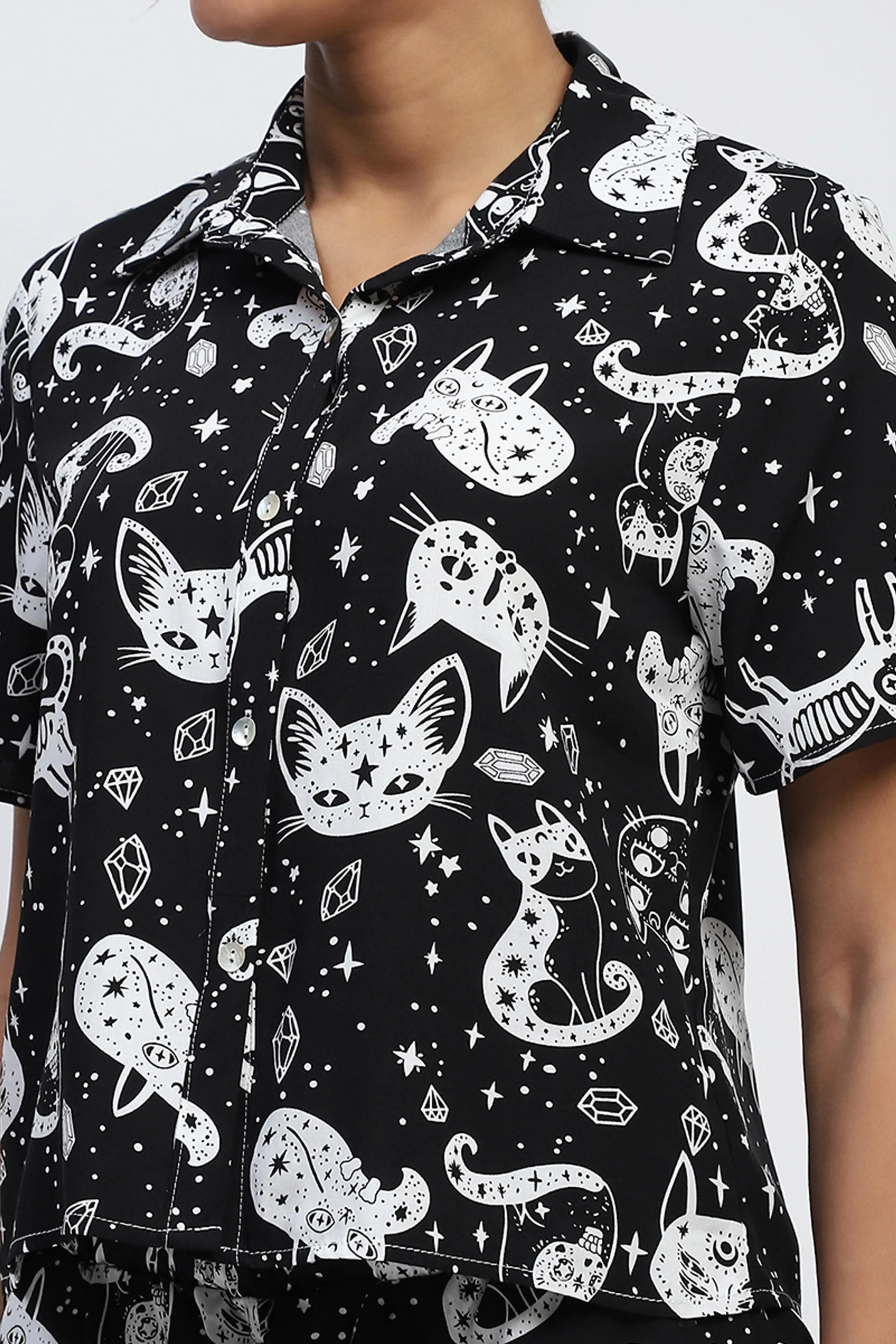 Black Abstract Print Rayon Loose Fit Shirt - Global Republic