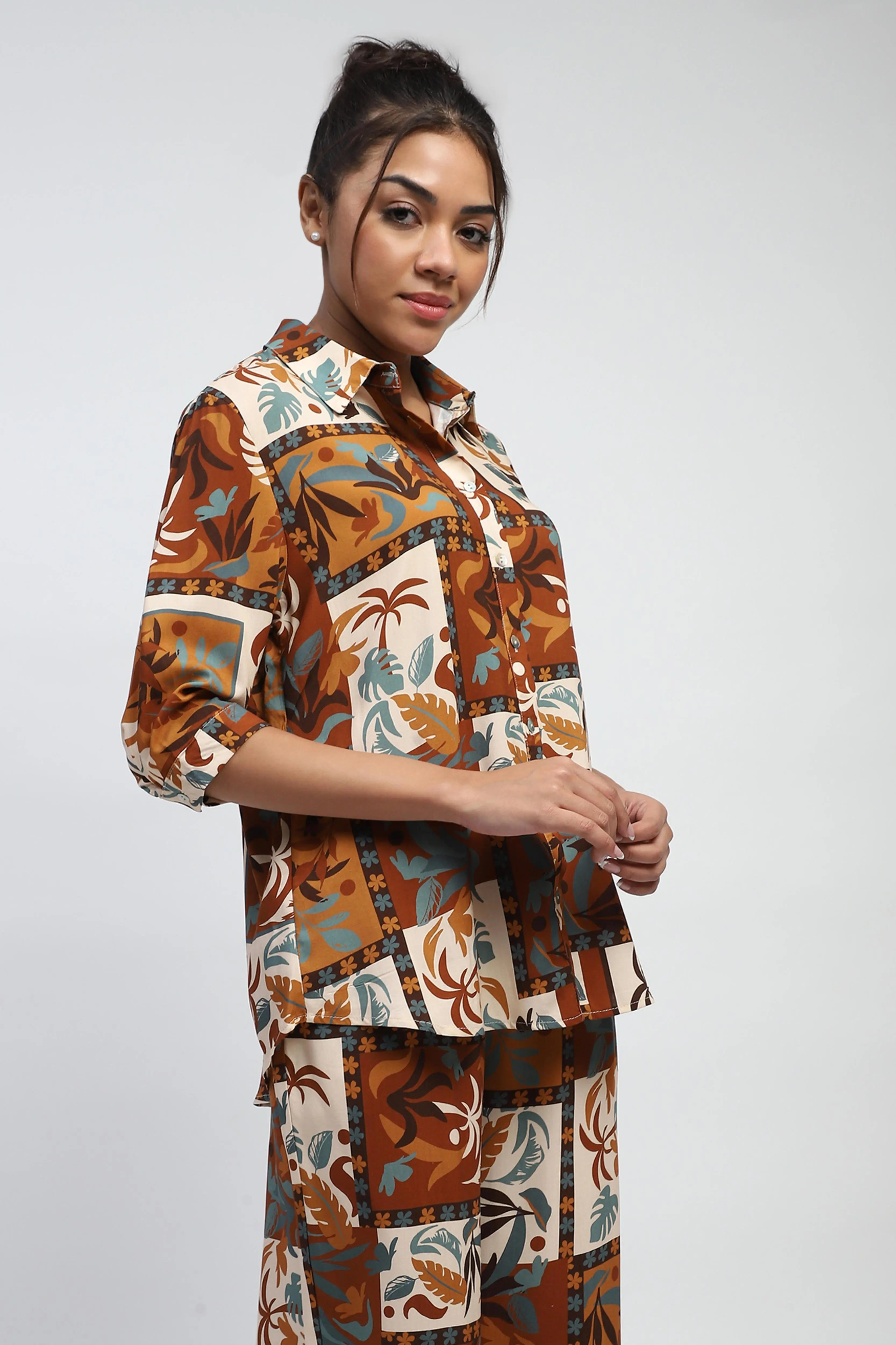 Brown Digital Print Rayon Shirt