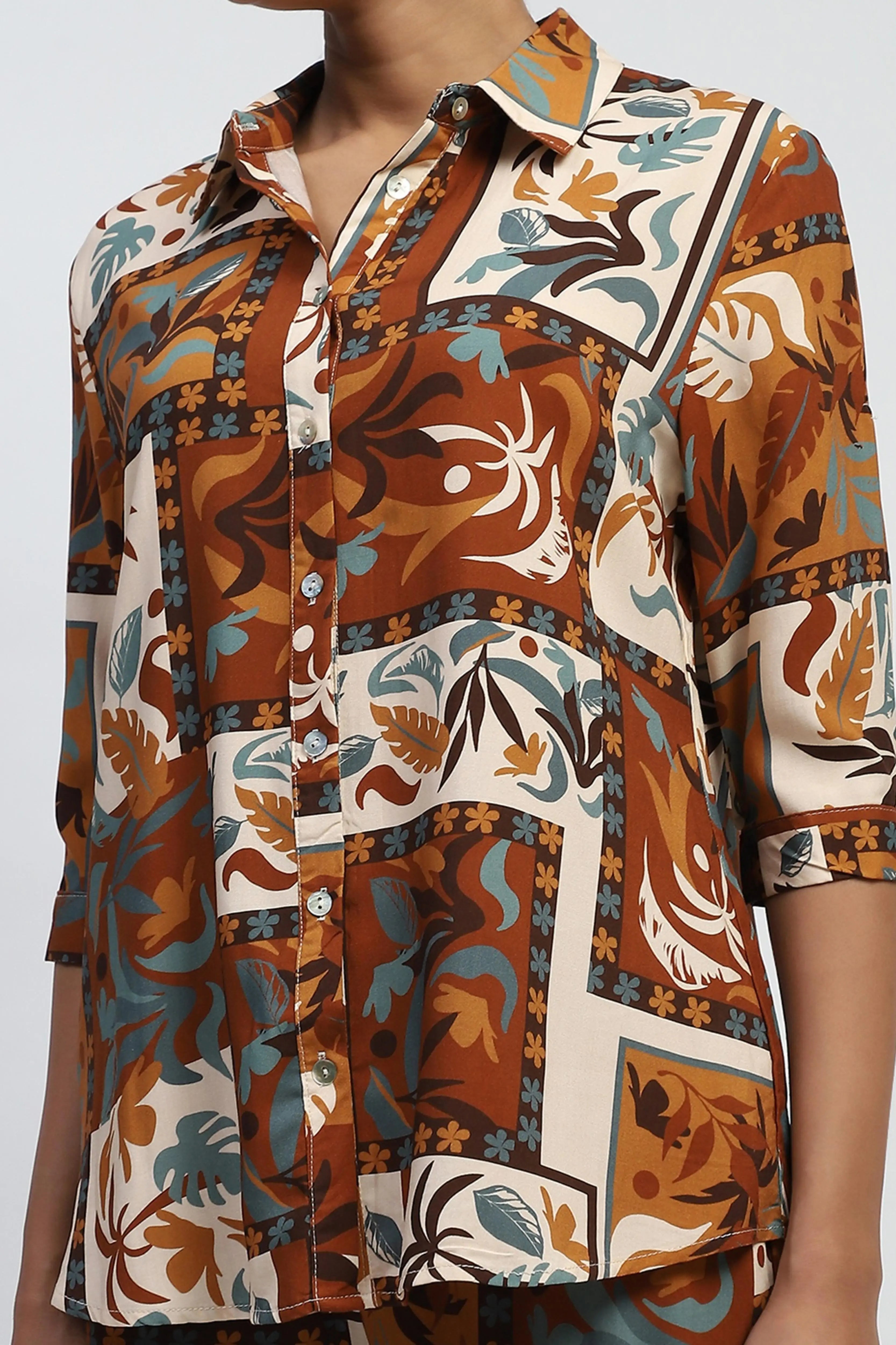 Brown Digital Print Rayon Loose Fit Shirt - Global Republic