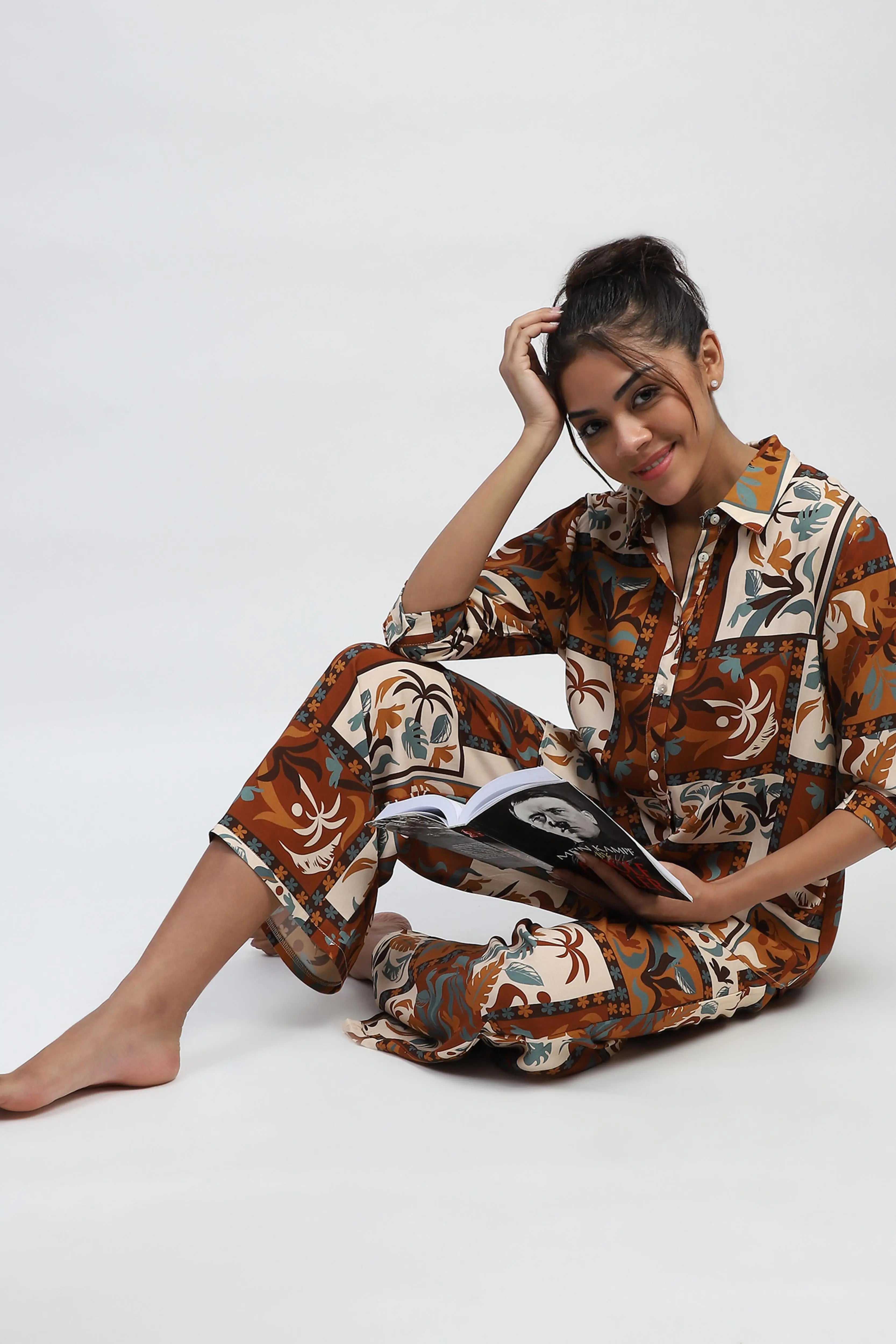 Brown Digital Print Rayon Loose Fit Shirt - Global Republic