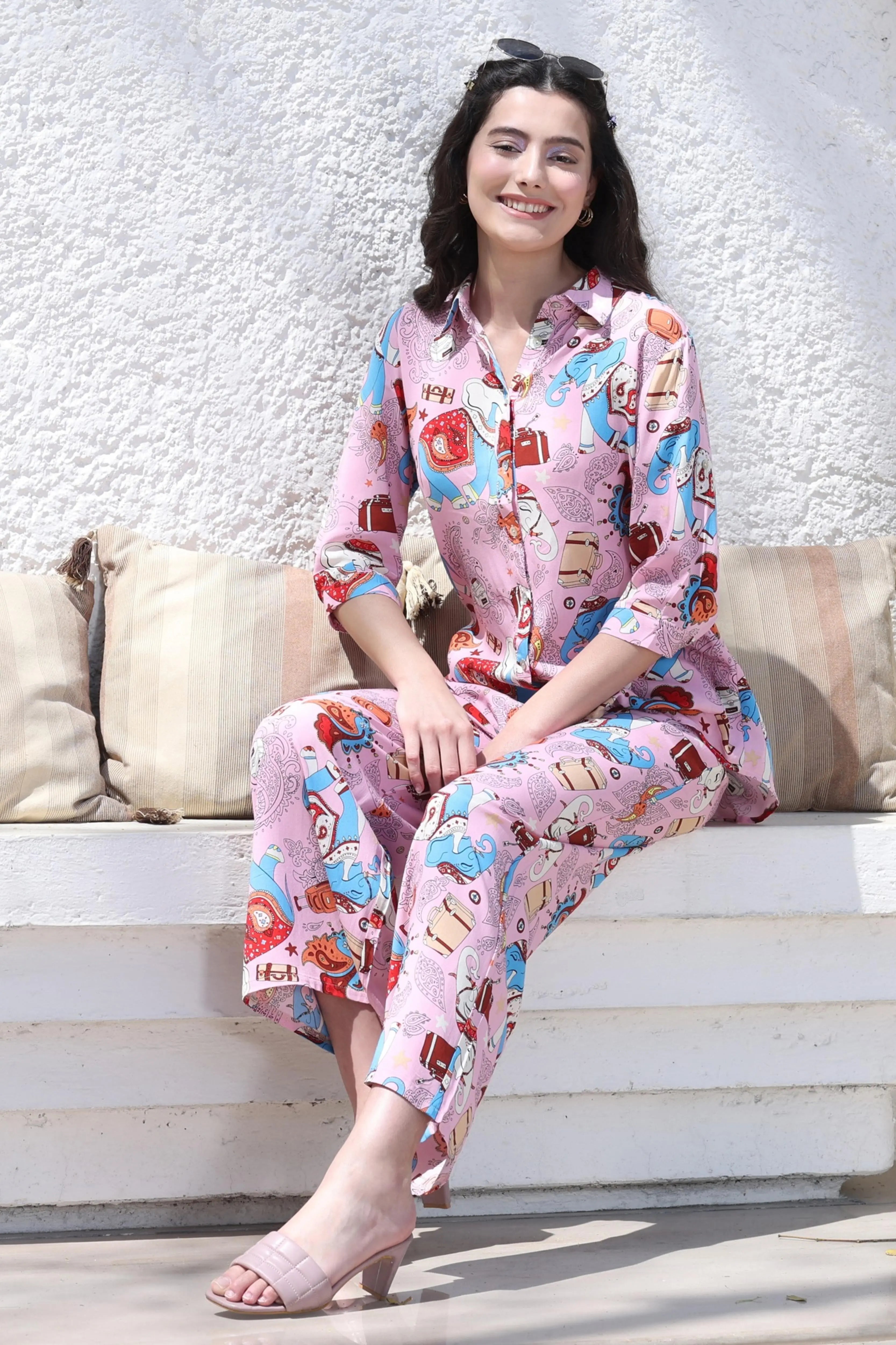 Pink Rayon Graphic Print Nightsuit - Global Republic