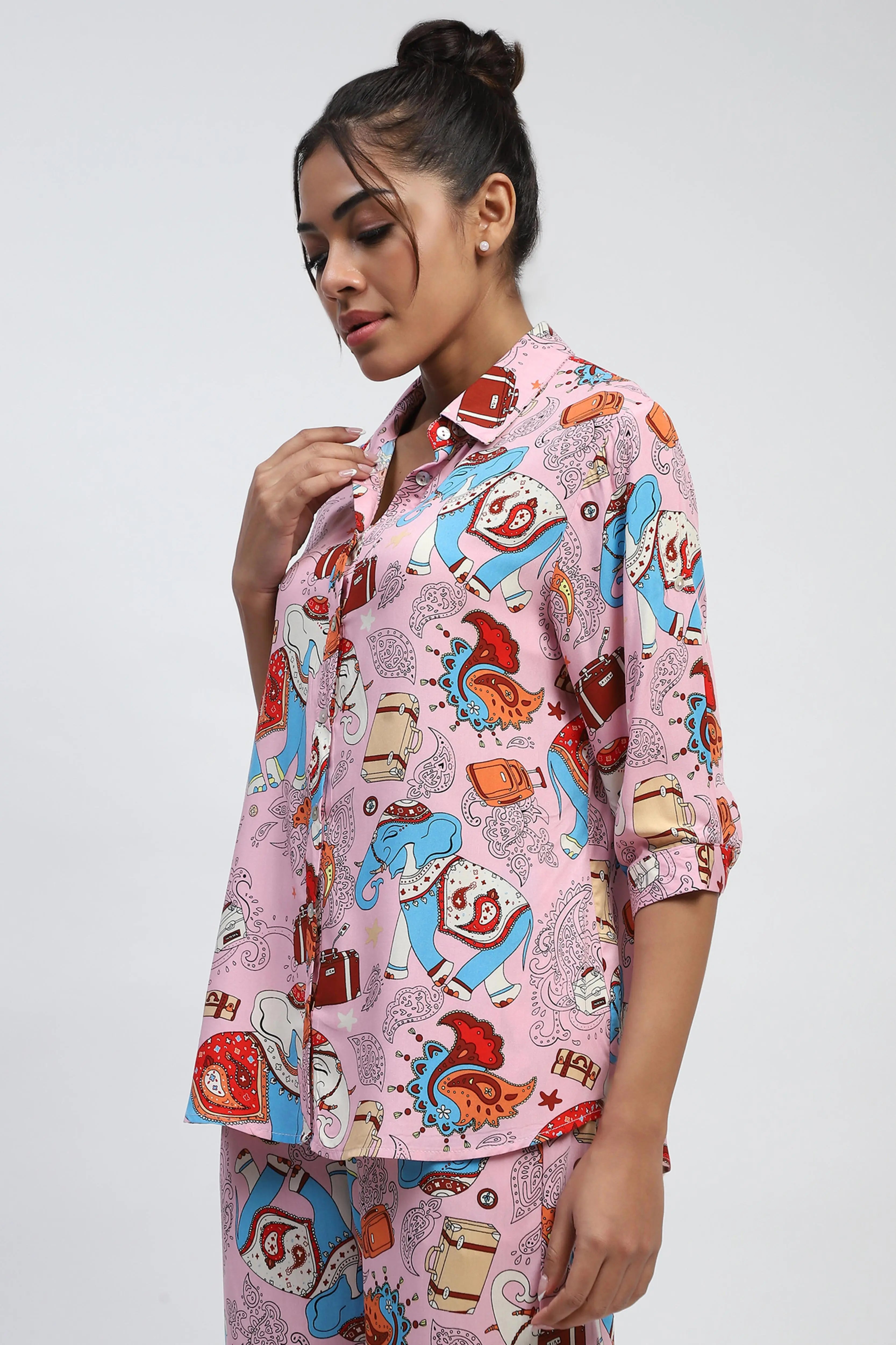 Pink Graphic Print Rayon Loose Fit Shirt - Global Republic
