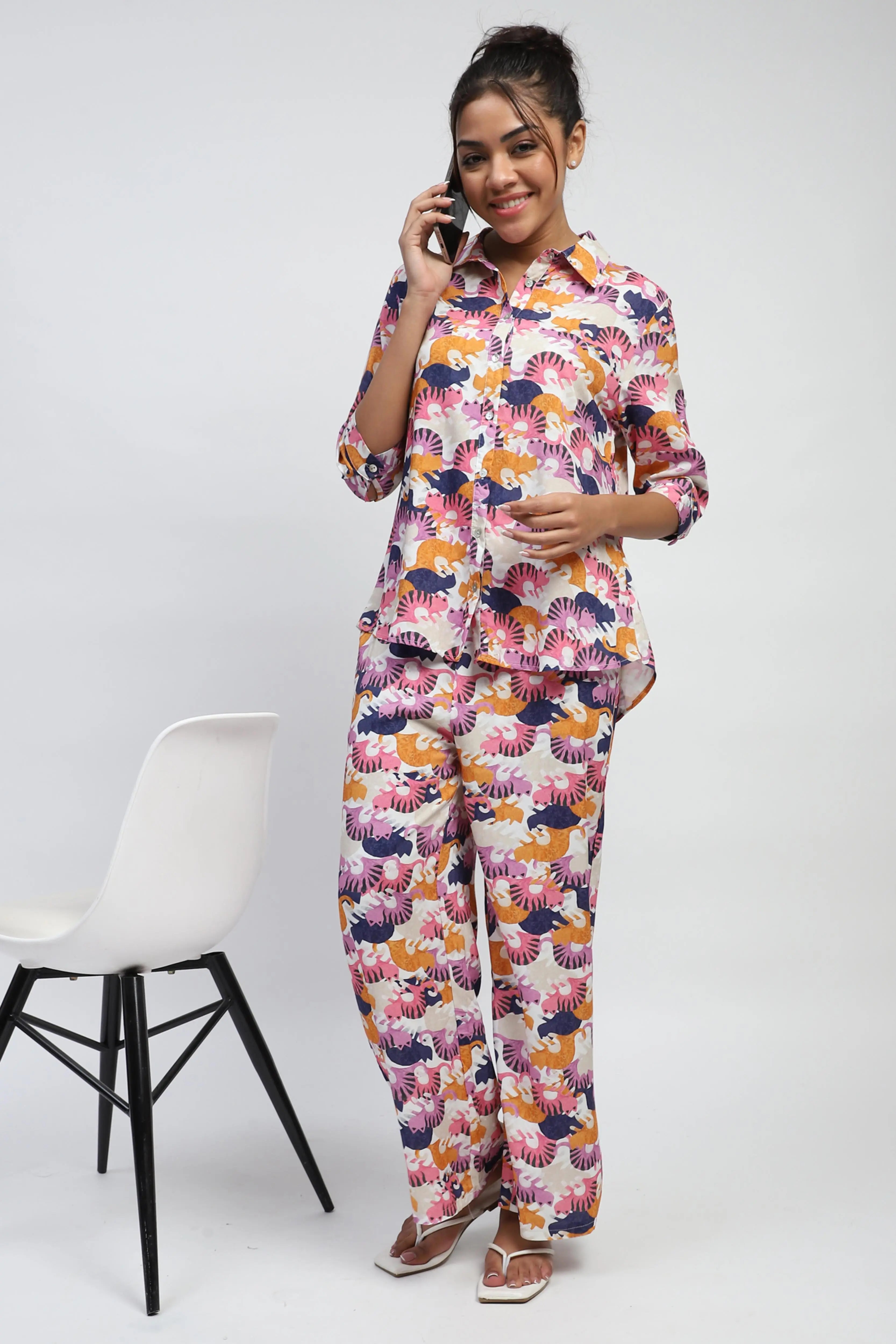 Multicolor Printed Rayon Nightsuit - Global Republic