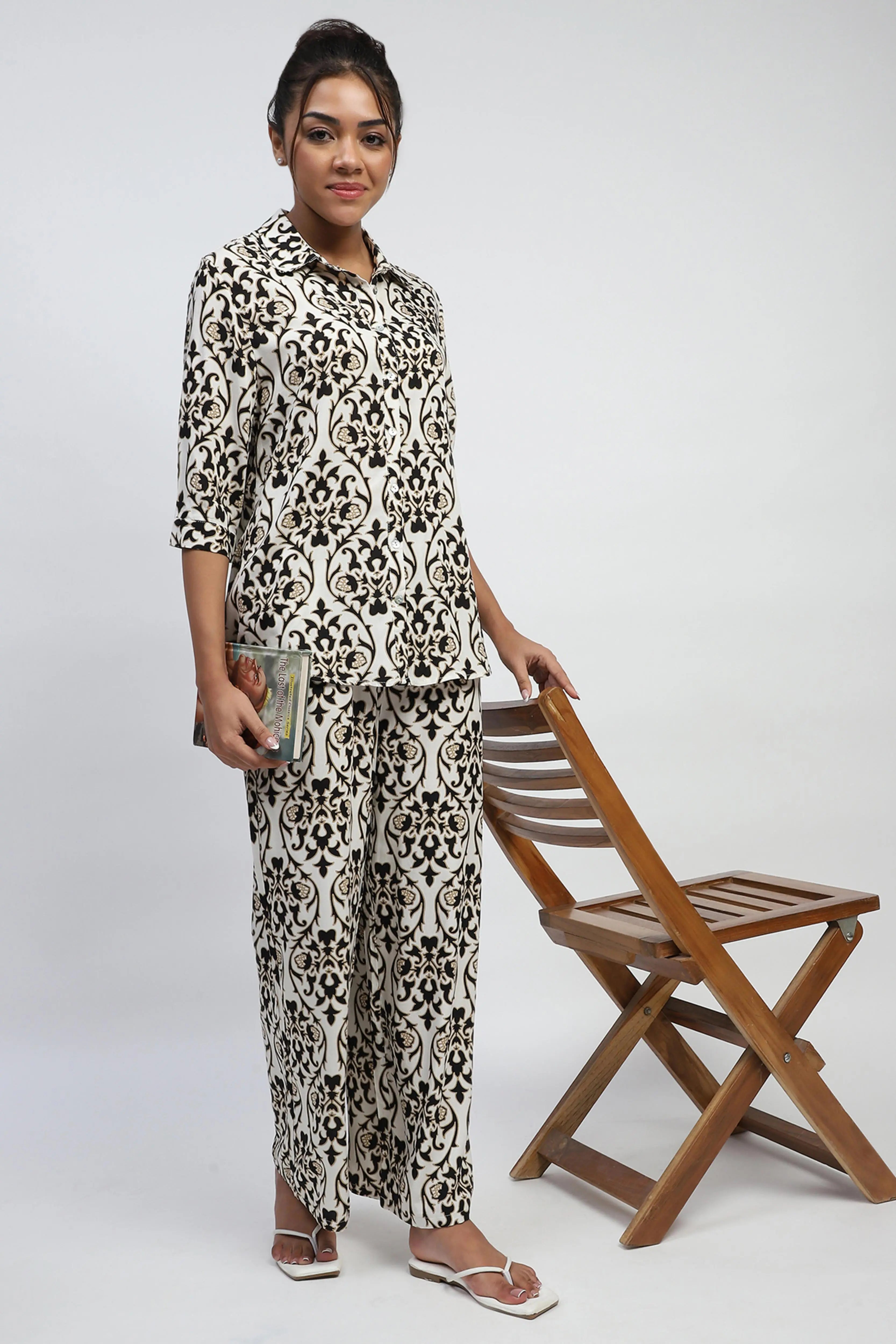 Black Rayon Abstract Print Nightsuit - Global Republic