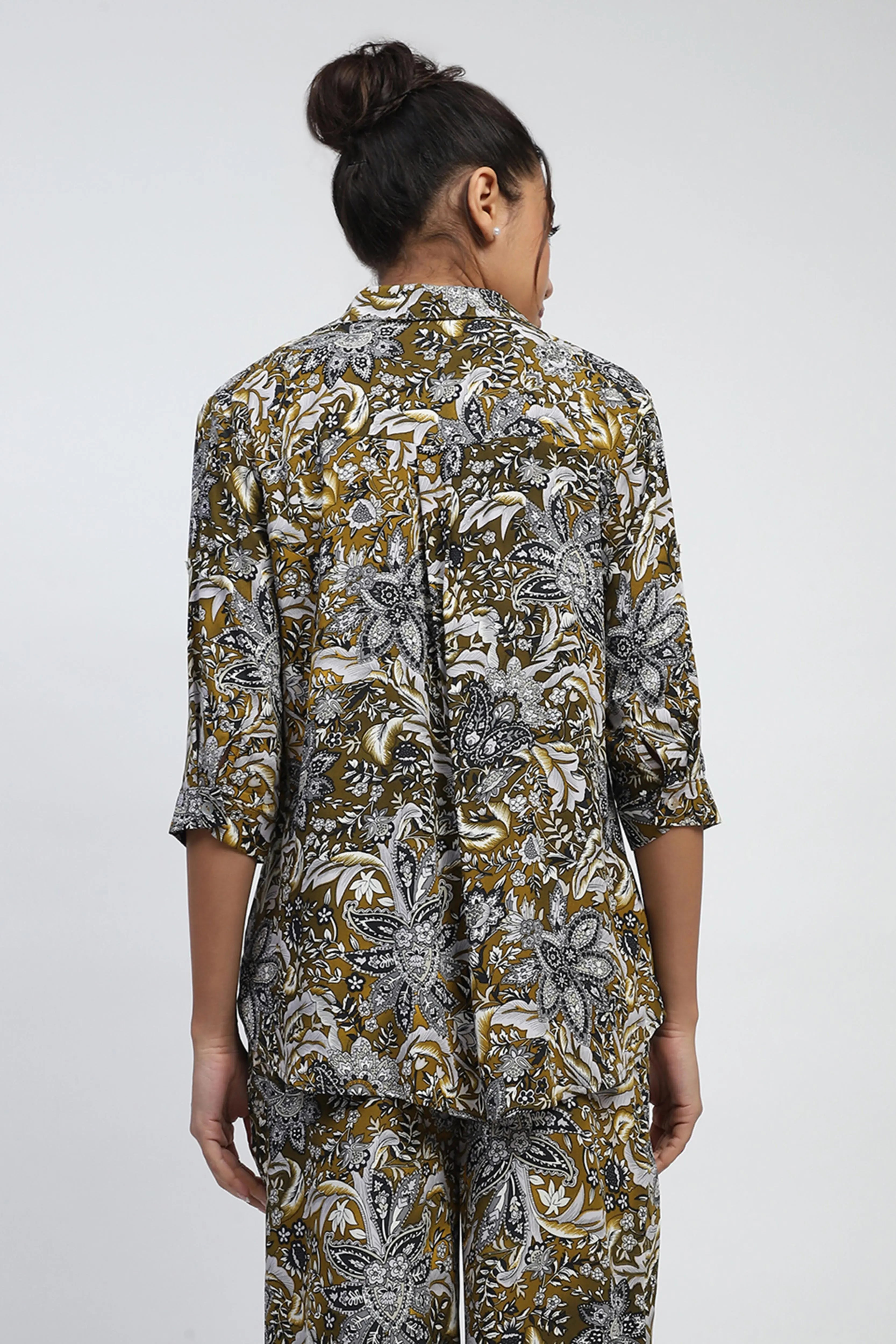 Olive Floral Print Rayon Loose Fit Shirt - Global Republic